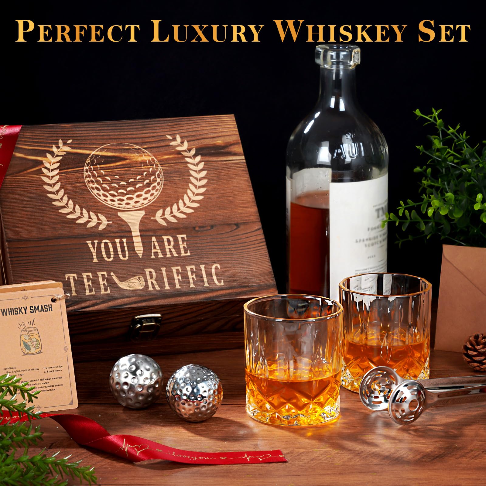 Whiskey Stones Gift Set for Men - Golf Ball Shaped Stainless Steel for Bourbon & Scotch