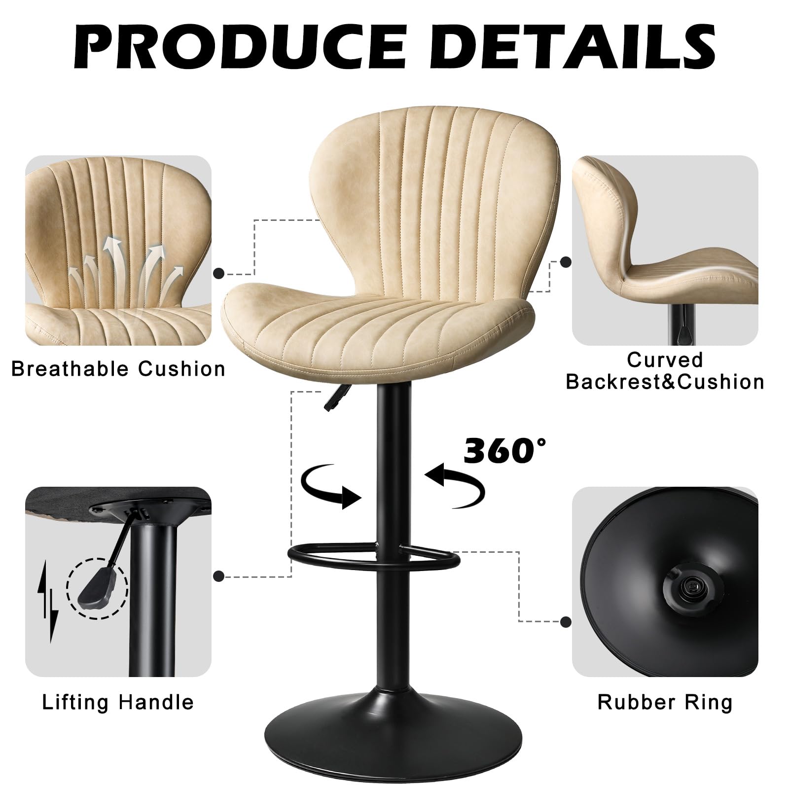 PUKAMI 2-Pack Adjustable Swivel Bar Stools with Backrest & Footrest - Modern Faux Leather Counter Height Bar Chairs for Kitchen, Dining Room, Home Bar - Comfortable & Stylish Seating for Entertaining (Beige)