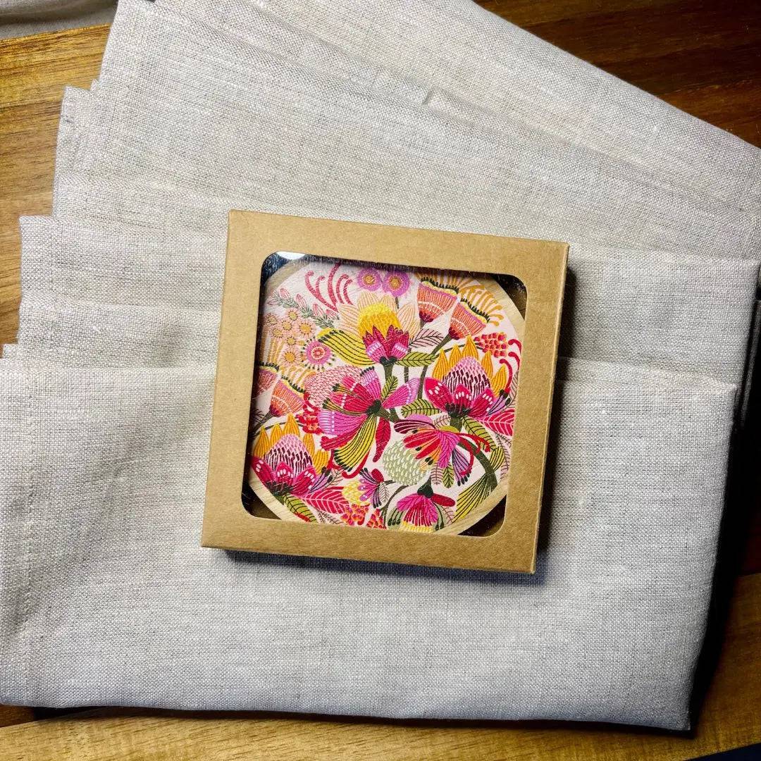 Premium Wild Proteas Wooden Coasters & Napkin Holder Set - Natural Wood Drink Coasters with Floral Design - Perfect for Dining Table, Kitchen, and Home Decor