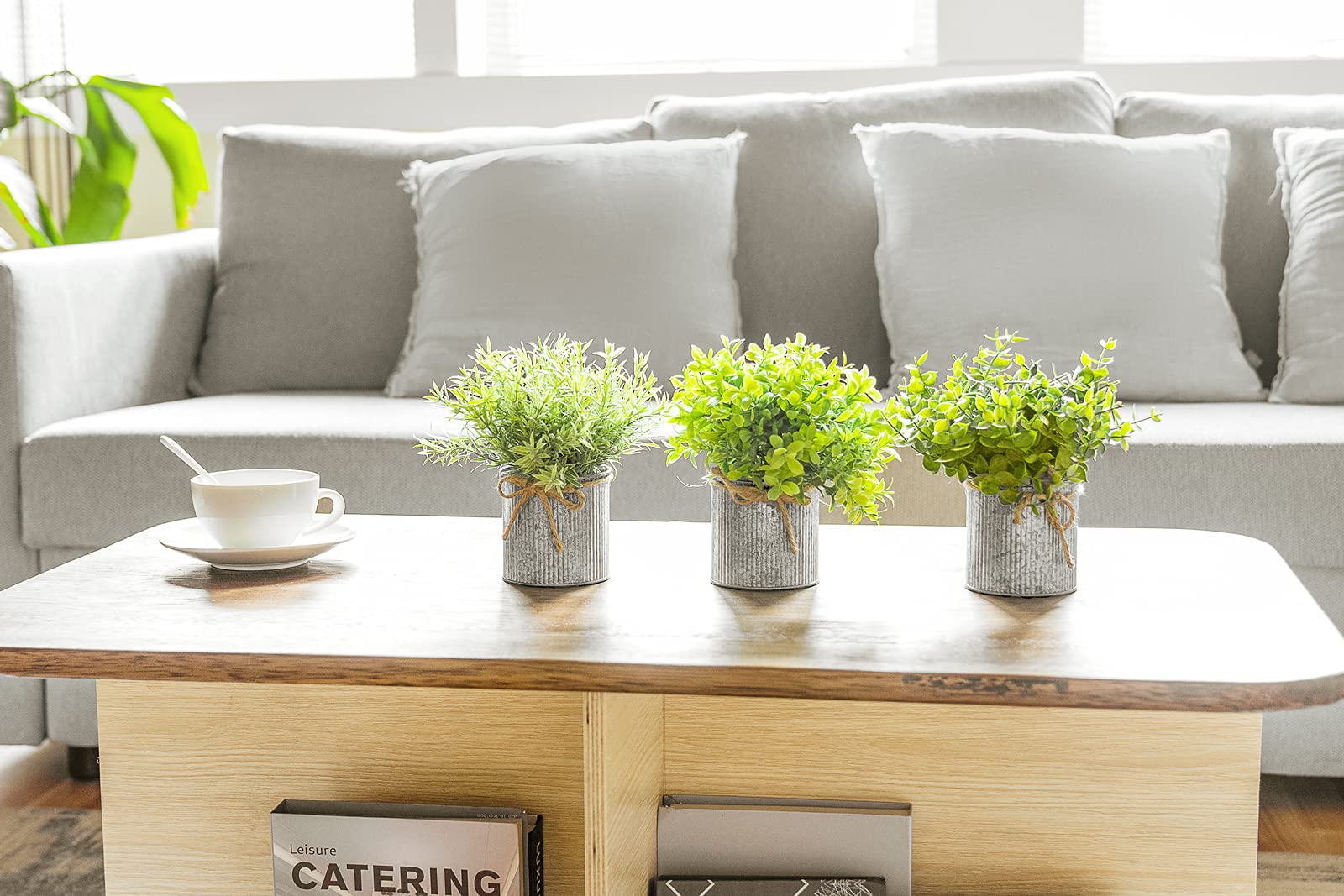 Mkono Small Fake Plants in Farmhouse Galvanized Metal Pots - 3 Pack Artificial Eucalyptus Potted Plants for Home Decor, Laundry Room, Bathroom, Shelf & Table Display - Perfect for Farmhouse, Rustic and Modern Interior Design Styles