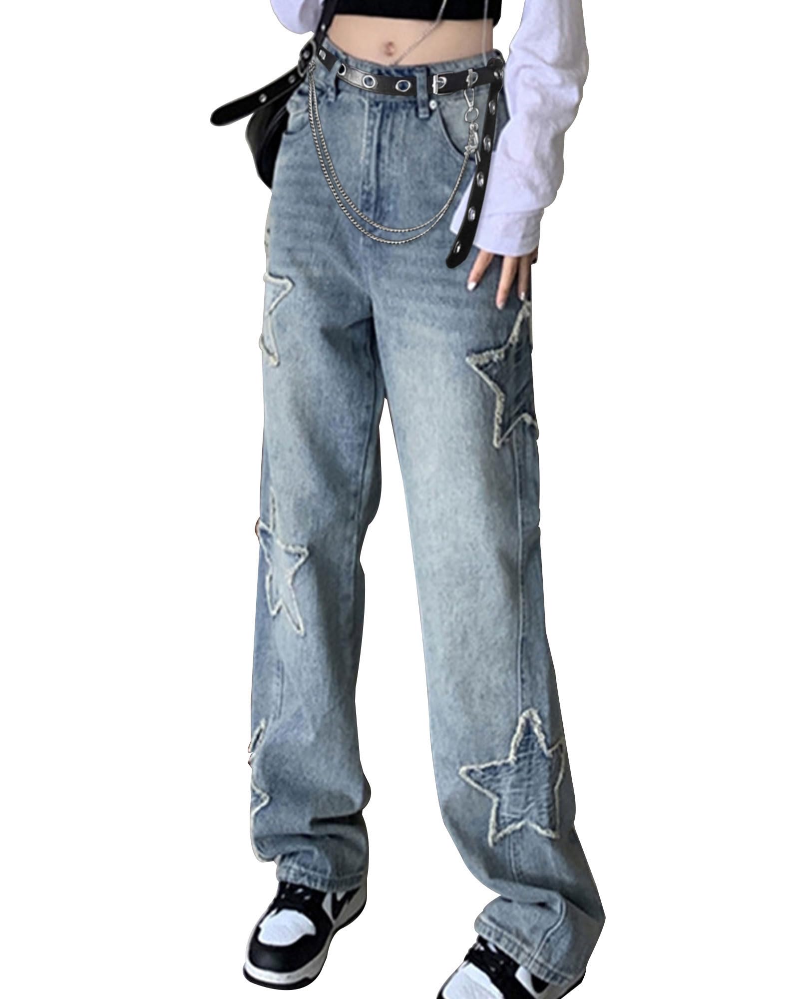 Y2K Emo Star Cargo Jeans for Women - Trendy Cute Denim Pants for Teens | Streetwear Fashion, Casual Outfits & Vintage Style