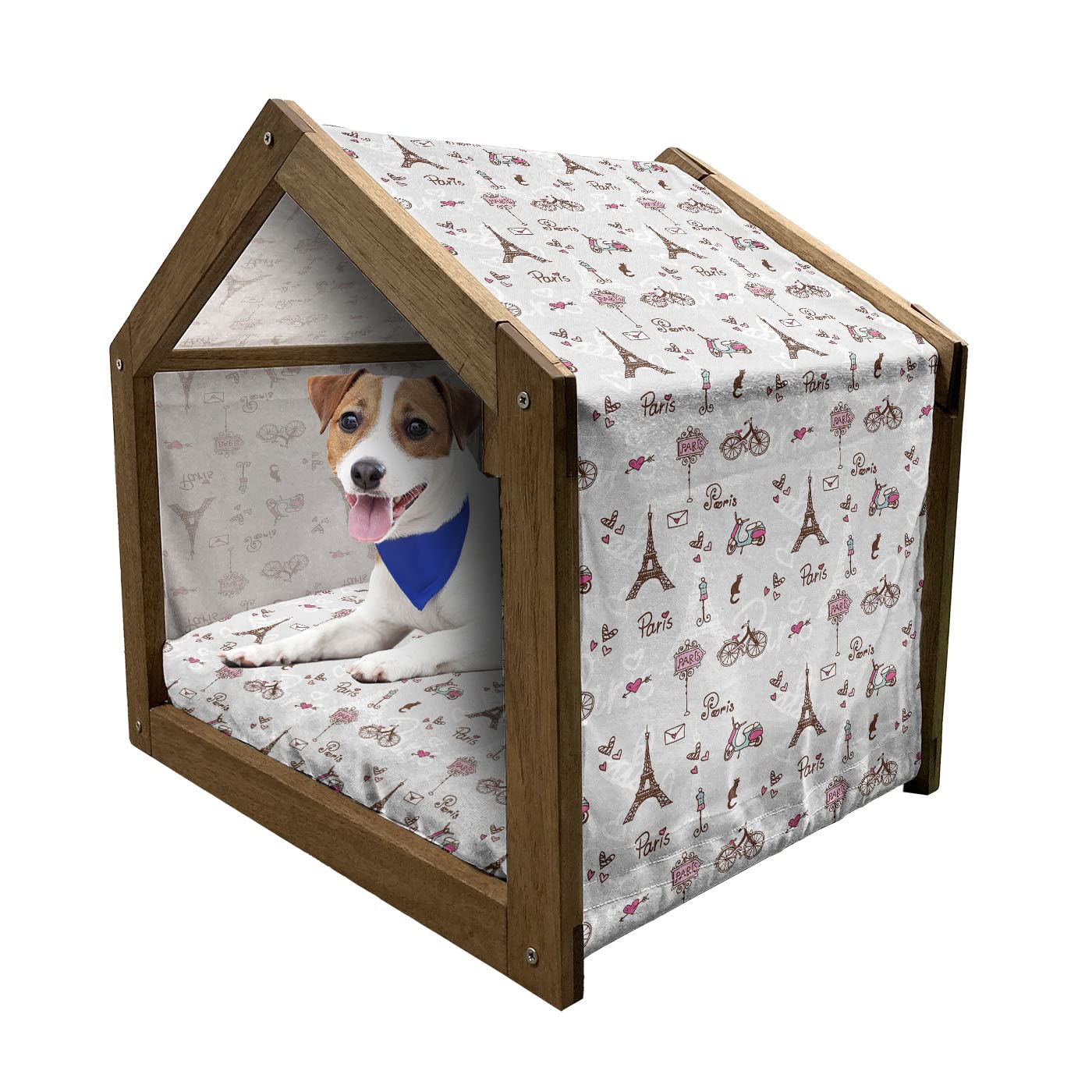 Ambesonne Paris Wooden Pet House - Portable Indoor & Outdoor Dog Kennel with Pillow & Cover, Small Size, Redwood Pearl Pink - Romantic Eiffel Tower Heart Print for Small Dogs - Perfect for Home, Garden, Travel & Pet Photo Shoots