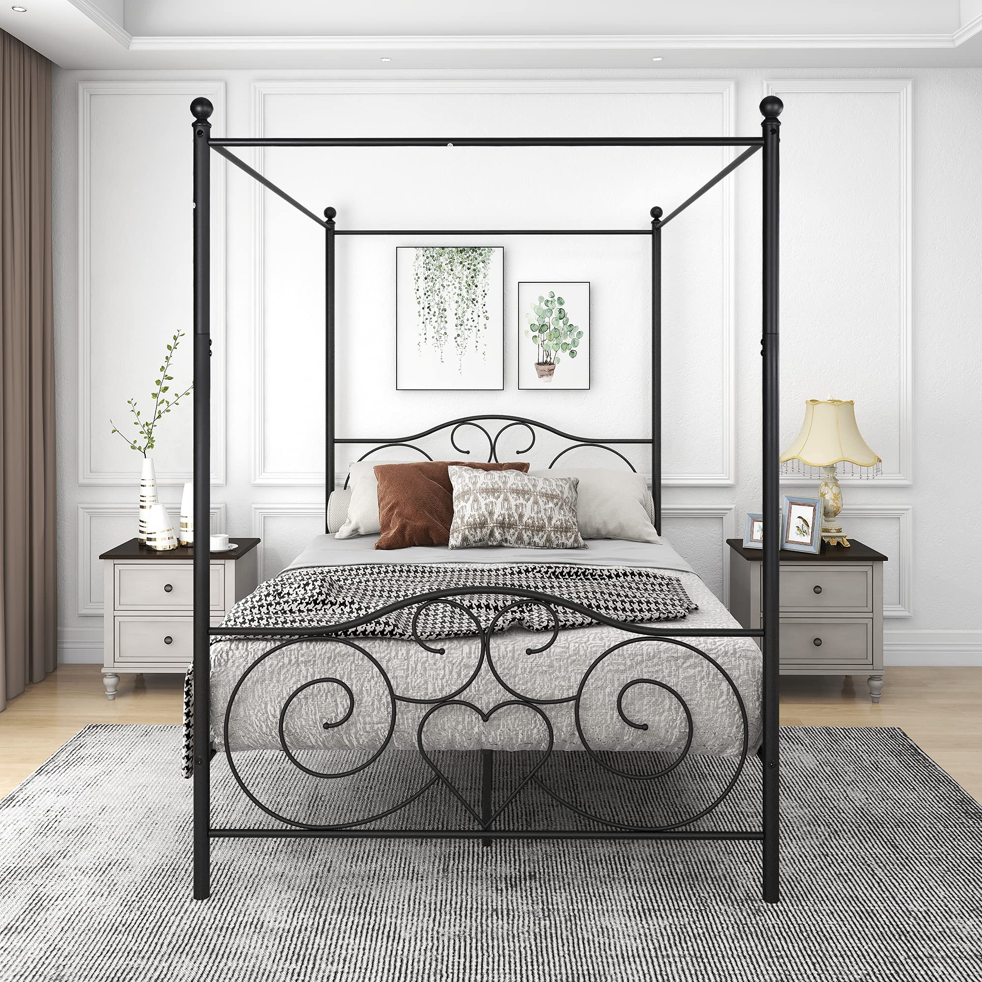 Vintage Metal Canopy Bed Frame - Full Black, Easy DIY Assembly for Bedroom Decor