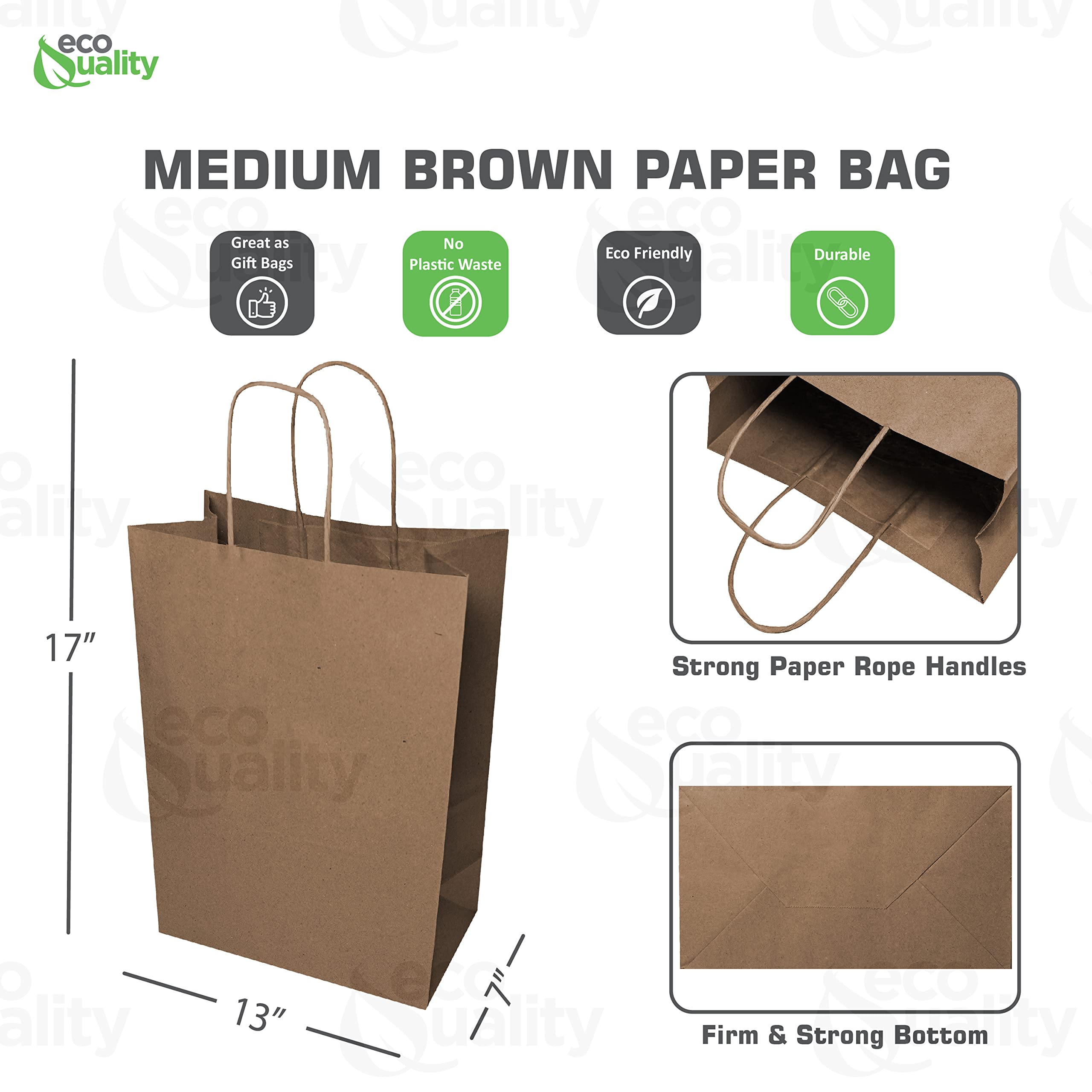 EcoQuality 13x7x17 Inches 500pcs Large Brown Kraft Paper Bags with Handles - Shopping Bags, Gift Bags, Party Favors, Merchandise Packaging, Lunch Bags, Grocery Bags for Retail Stores, Events & Eco-Friendly Packaging