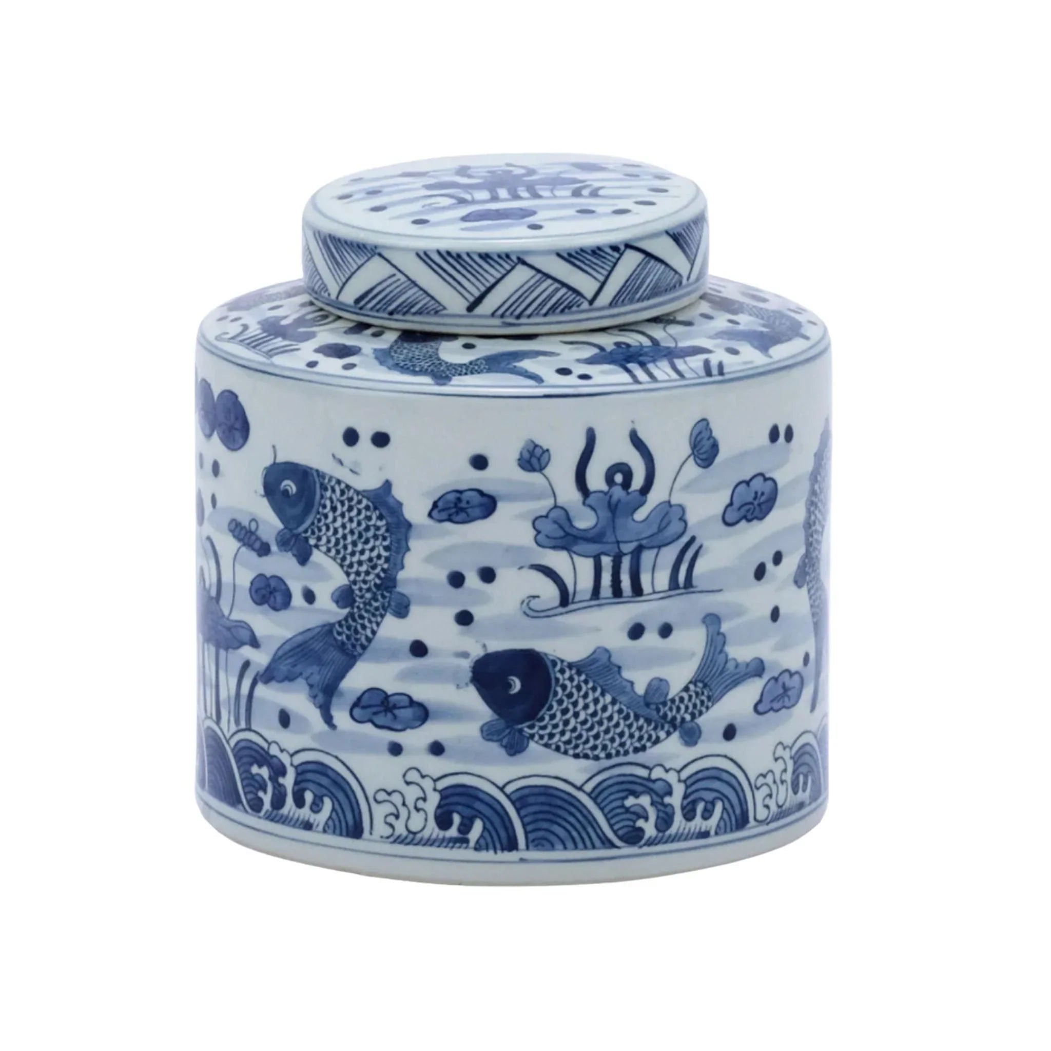 Blue and White Porcelain Fish Tea Storage Jar - Elegant Chinese Ceramic Canister for Loose Leaf Tea, Coffee, or Spices | Perfect for Kitchen, Pantry, or Gift Giving