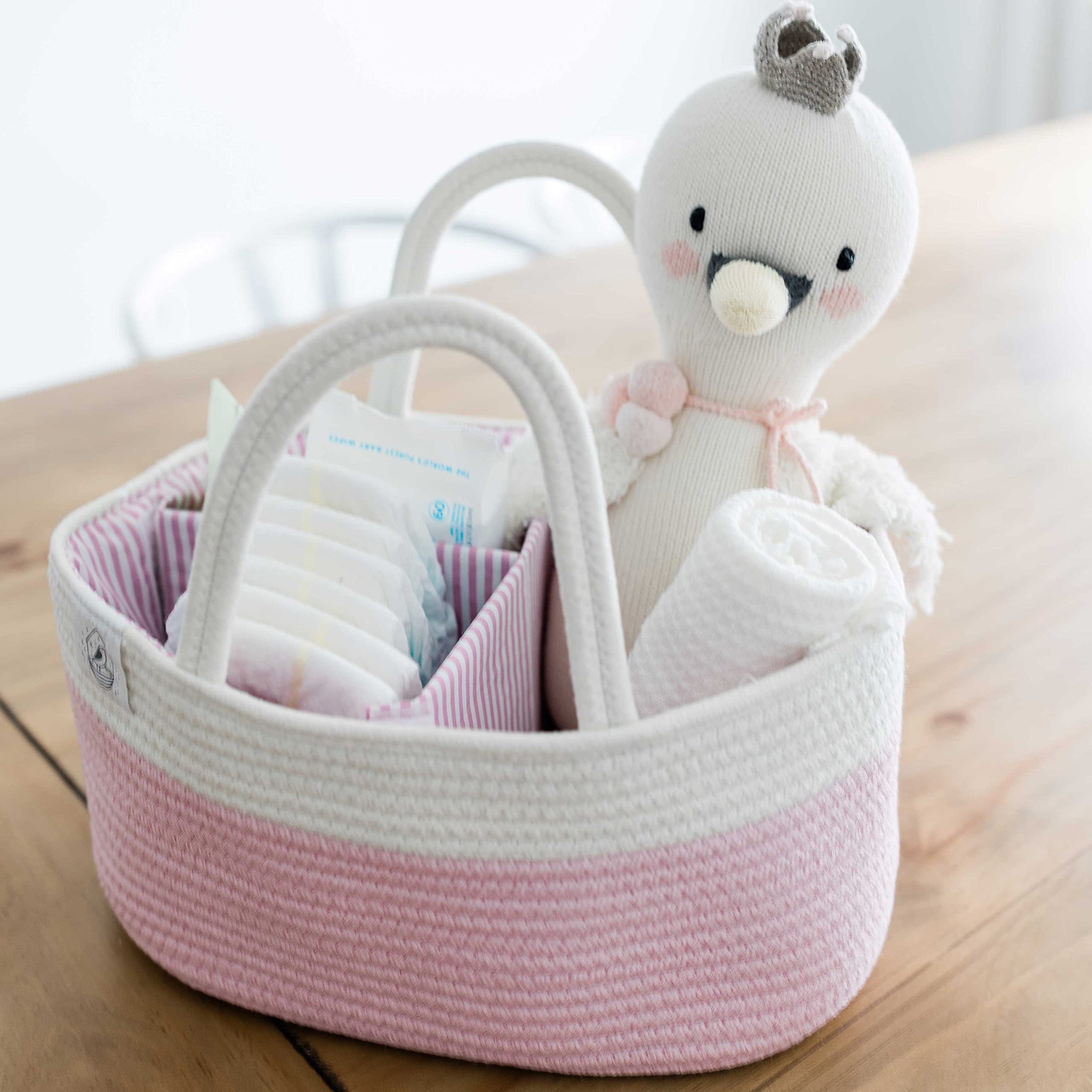 OrganiHaus Rope Diaper Caddy Basket - Baby Changing Station Organizer with Dividers & Handles | Nursery Storage Solution | Perfect Baby Shower Gift for Newborns | Pink Changing Table Basket for Diapers, Wipes & Essentials