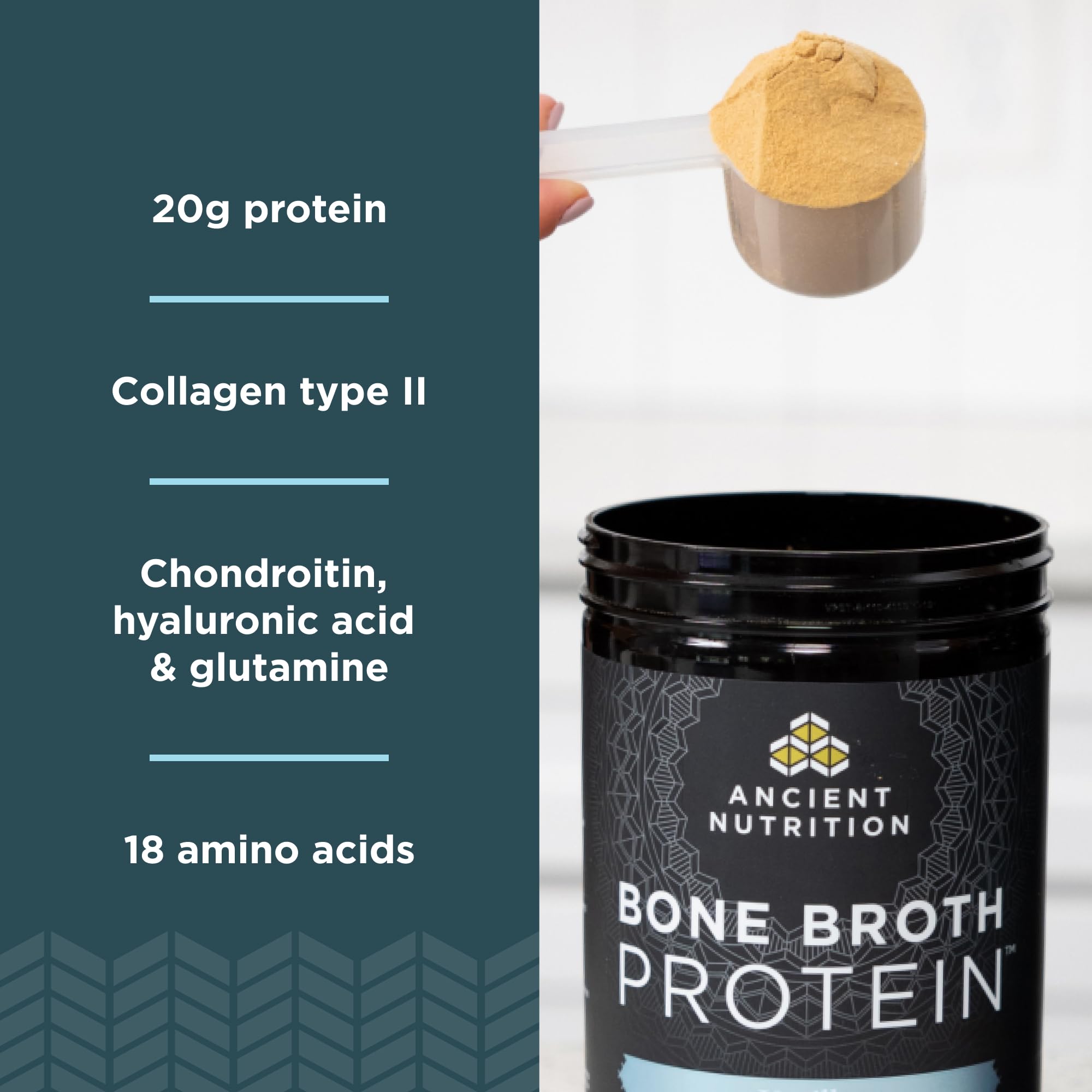 Ancient Nutrition Grass Fed & Cage Free Bone Broth Protein Powder - 20g Protein Per Serving with Hydrolyzed Collagen Peptides, Glucosamine & Chondroitin - Supports Joint & Gut Health - Vanilla Flavor (20 Servings) - Ideal for Post-Workout Recovery, Keto Diet & Immune System Boost