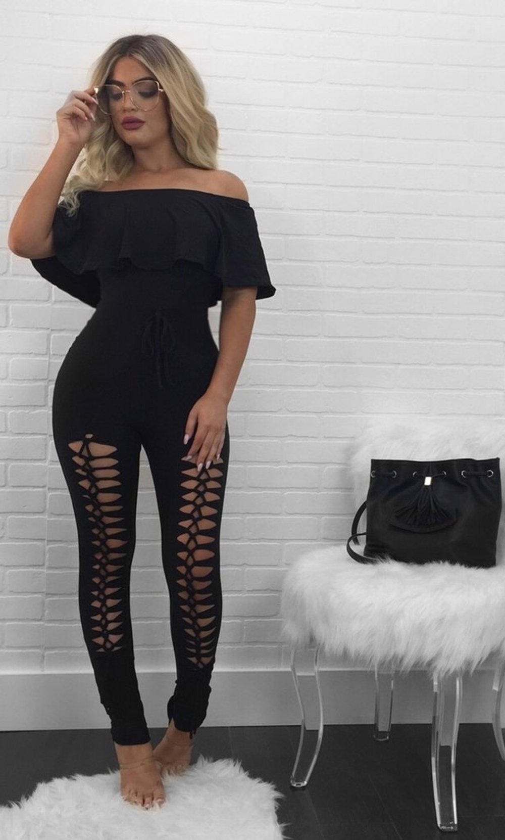 PRETTYGARDEN Women's Sexy Off Shoulder Bodycon Jumpsuit - Summer Ruffle Sleeve Hollow Out Romper - Clubwear, Date Night Outfit, Beach Party Dress