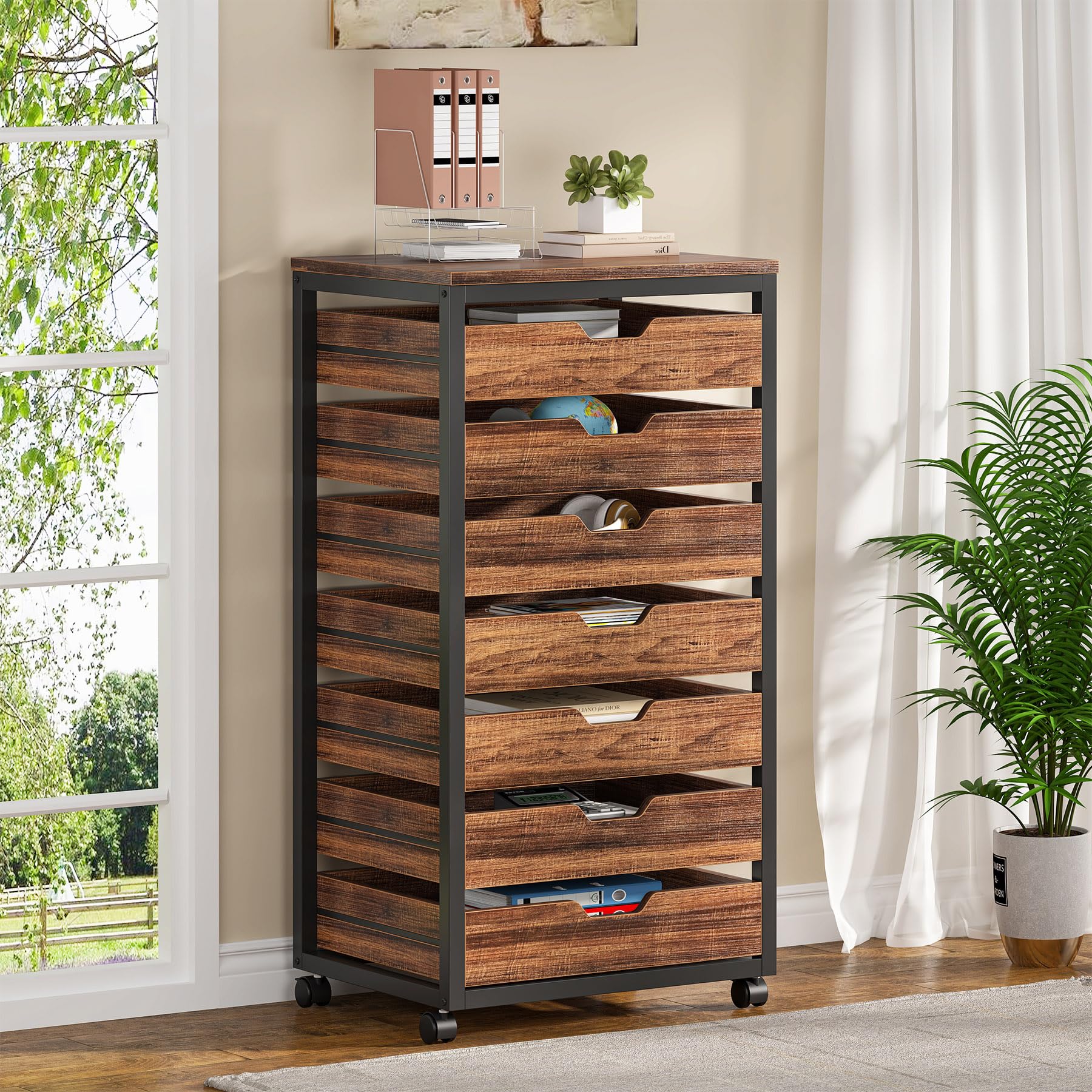 Tribesigns 7-Drawer Wooden File Cabinet with Wheels - Mobile Storage Drawer Unit for Office & Home, Industrial Rolling Printer Stand, Rustic Brown - Perfect for Home Office Organization & Document Storage