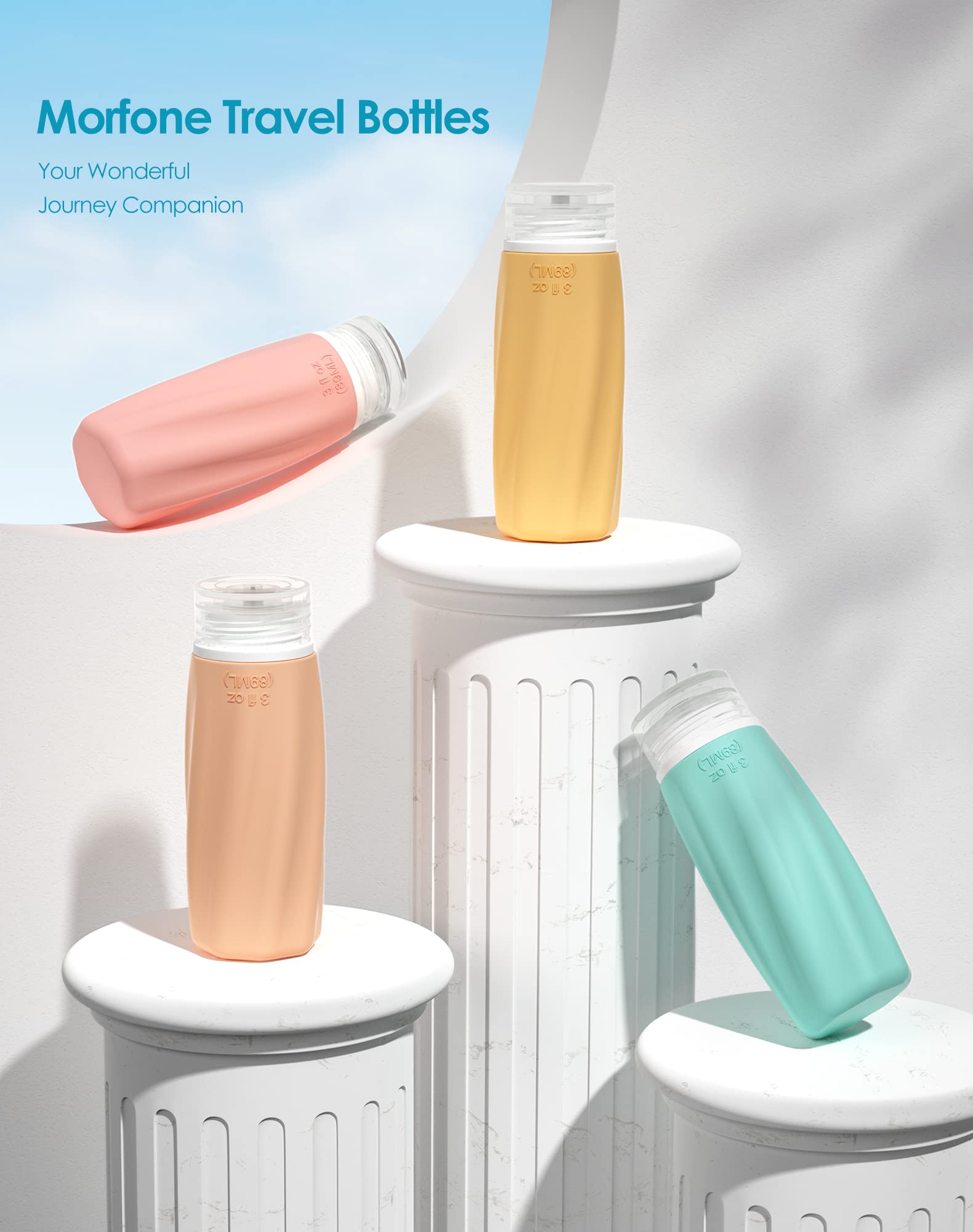 Morfone 3oz TSA Approved Leak Proof Travel Bottles - 4 Pack Refillable Squeezable Toiletry Containers for Shampoo, Conditioner & Lotion | Perfect for Air Travel, Gym & Vacation Essentials