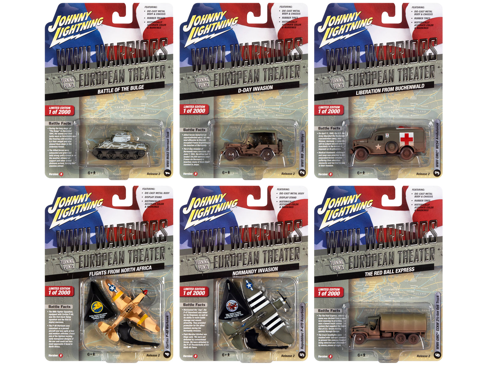Johnny Lightning WWII Warriors: European Theater Military Diecast Model Cars 2022 Set B (6-Piece Limited Edition of 2000) - Perfect for Collectors, History Enthusiasts & Display Cabinets