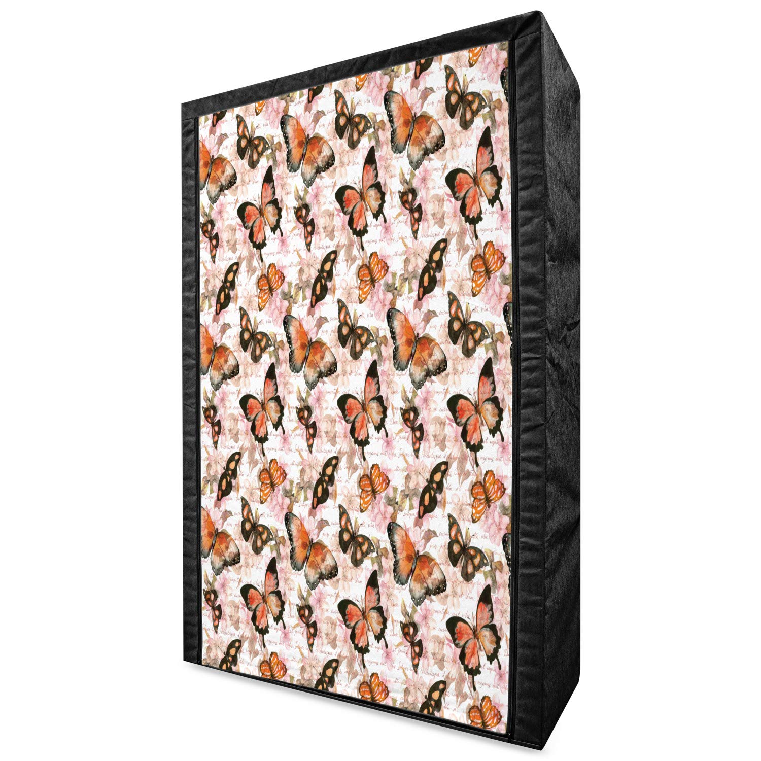 Ambesonne Retro Portable Fabric Wardrobe with Shelves - Vintage Butterfly & Love Letters Watercolor Design, 42.5 Inch Clothing Organizer (Vermilion Peach Black) for Bedroom, Closet, Dorm or Travel Storage