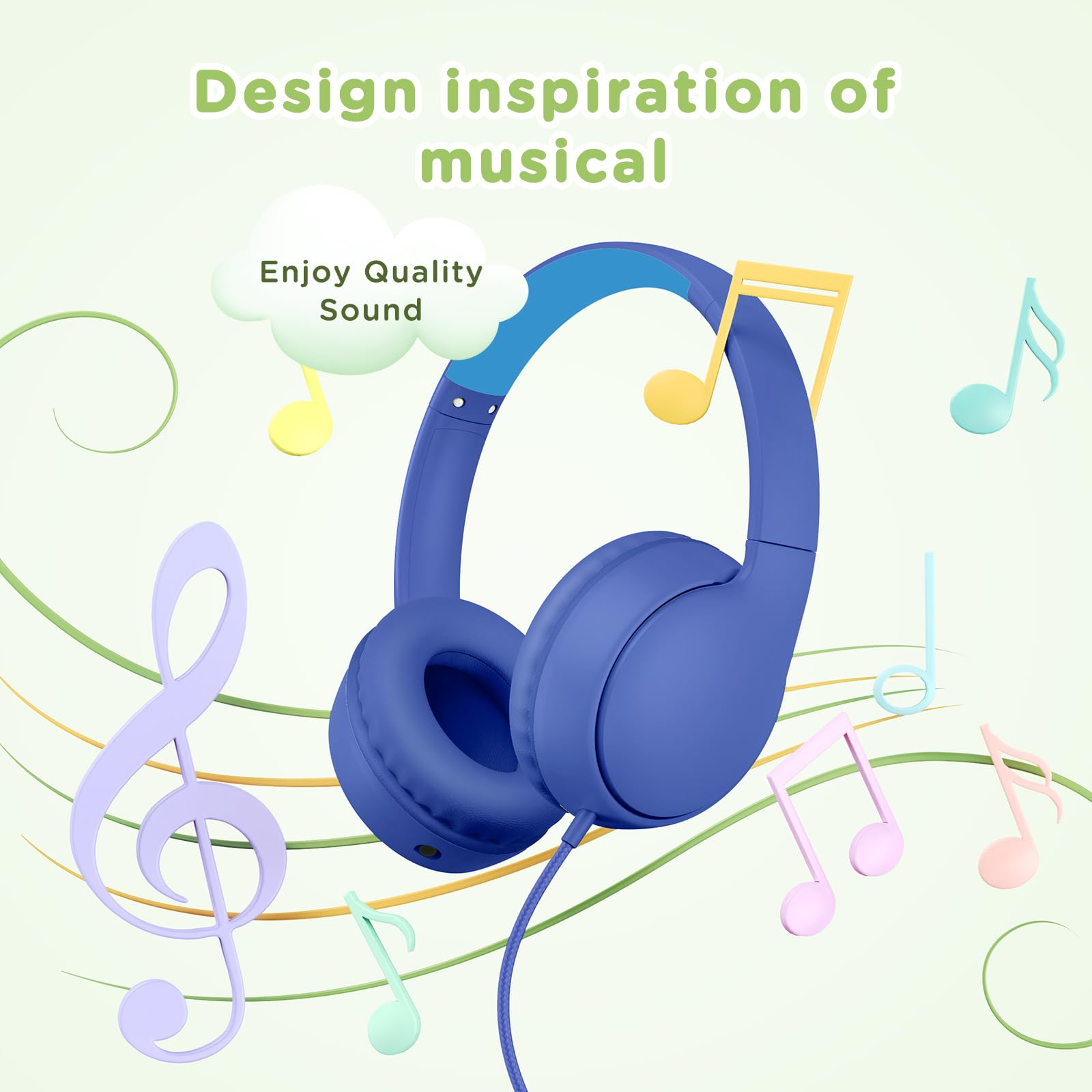 Kids Wired Headphones with Microphone - 85/94dB Volume Limited Over-Ear Headphones for Children | Stereo Sound, Foldable Design & Share Port | Safe for School, Travel & Home Use (Blue)