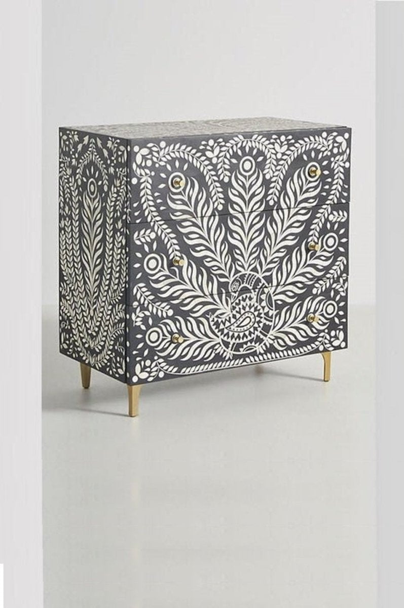Handmade Bone Inlay Peacock Design Three Drawer Dresser - Black Vintage Bohemian Bedroom Furniture for Home Decor & Storage