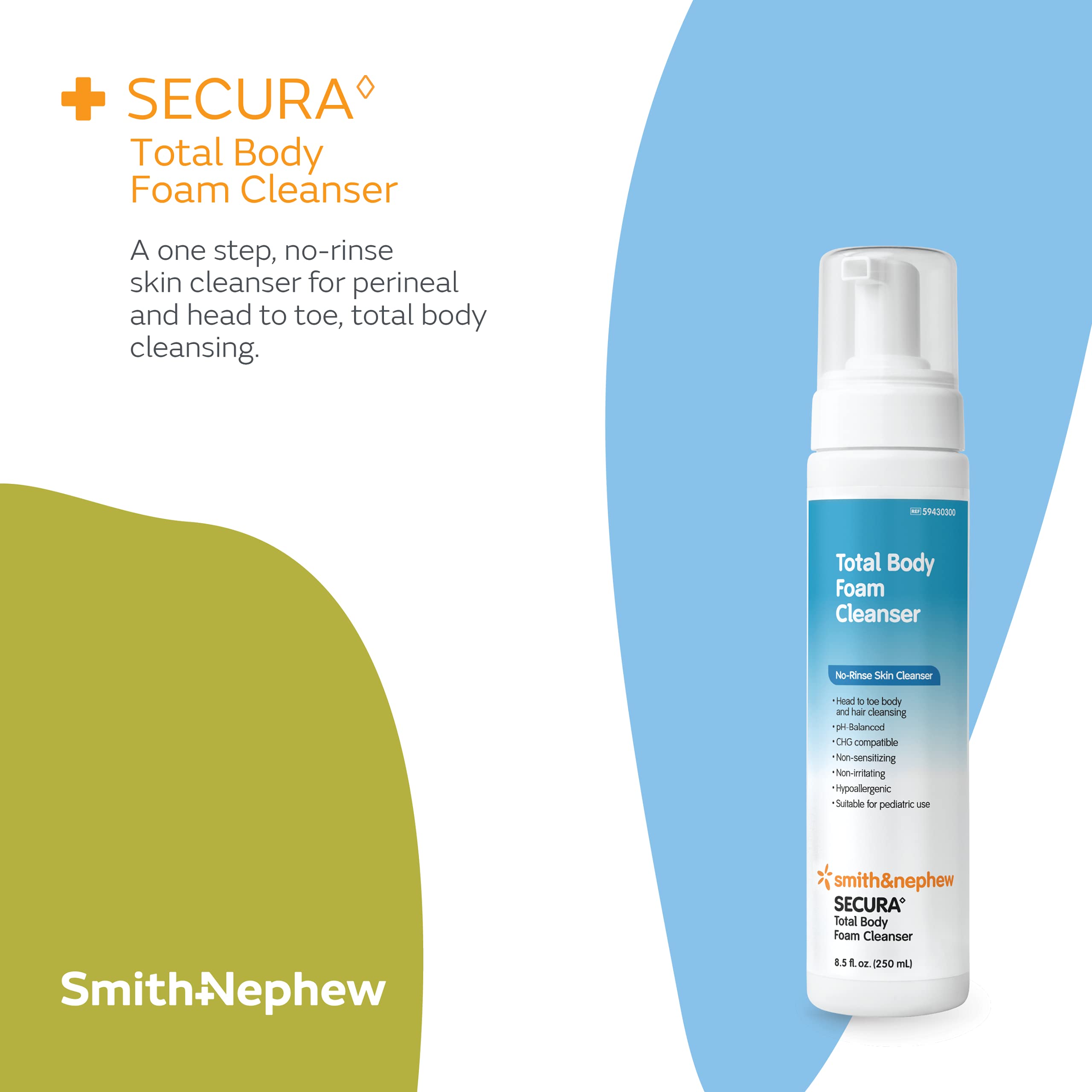 Smith+Nephew SECURA◊ Total Body Foam Cleanser - No-Rinse Waterless Body Wash with Pump Dispenser (8.5 oz) | Gentle Skin Cleansing for Bedridden Patients, Post-Surgery Care & Hospital Use