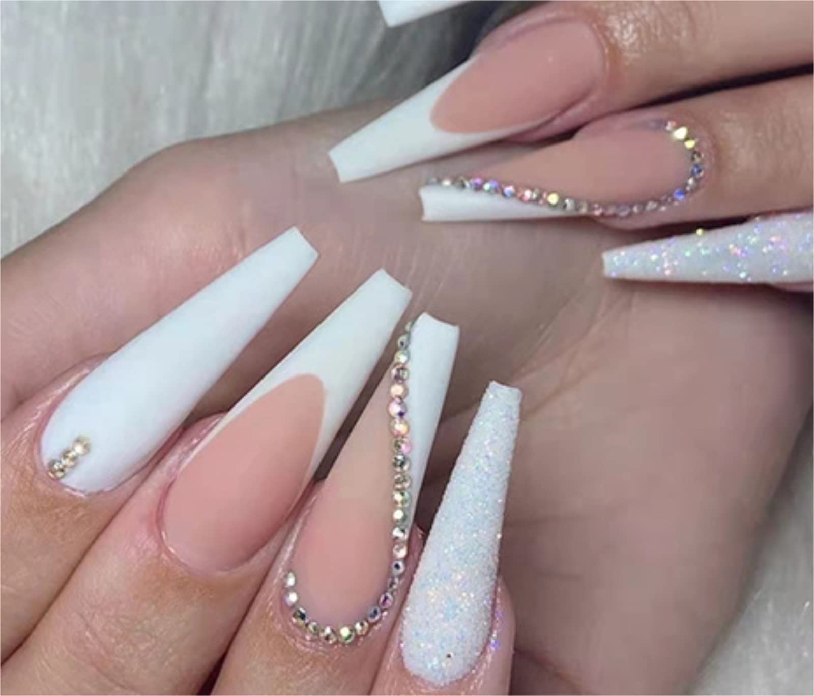 Vemalo 24Pcs Long Fake Nails White French Press on Nails for Women - Christmas Party, Wedding, Prom, Special Occasion Artificial Nails (Style 1)