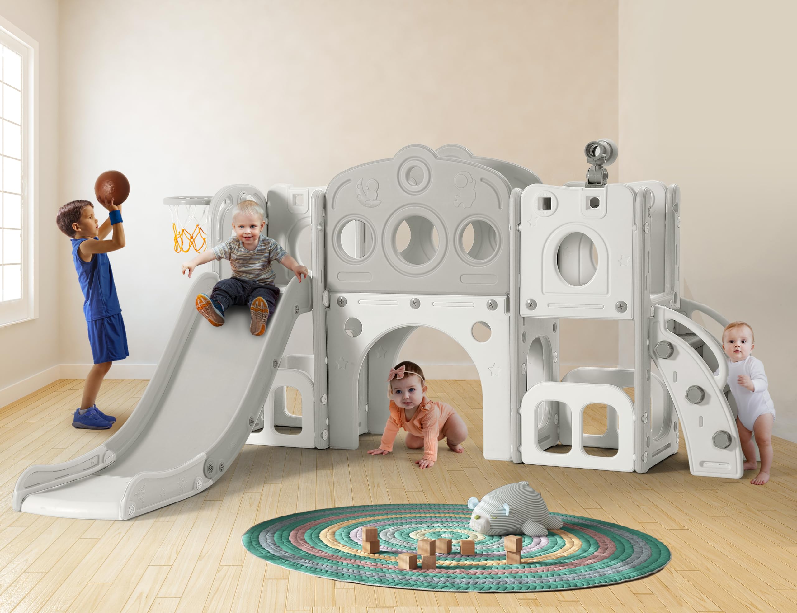8-in-1 Toddler Slide Playset for Kids Ages 1-3 | Indoor/Outdoor Baby Slide with Basketball Hoop & Telescope | Fun Playground Toy for Toddlers (White) - Perfect for Backyards, Playrooms & Daycare Centers