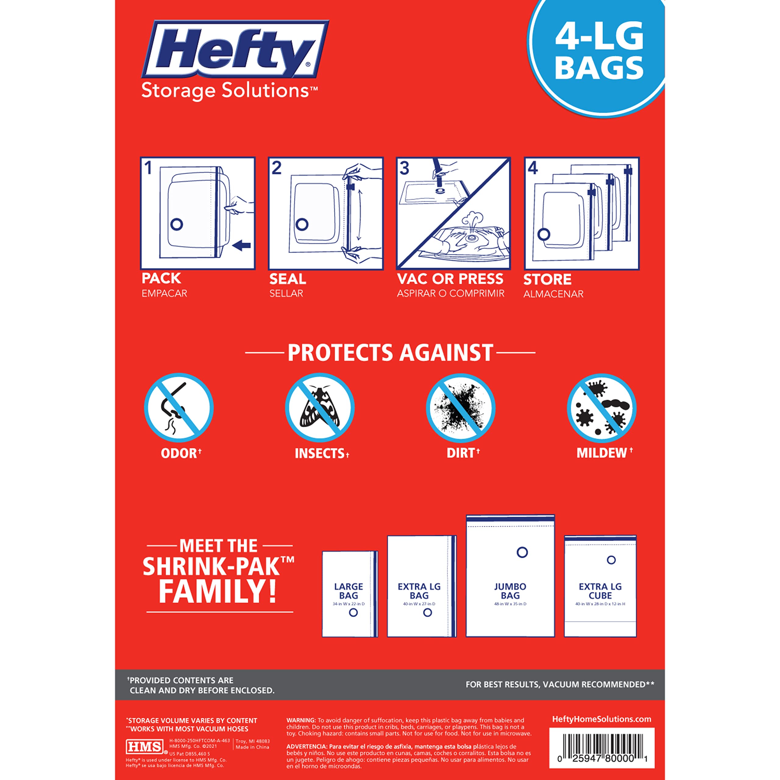 Hefty Shrink-Pak - 4 Large Vacuum Storage Bags for Clothes, Pillows, Towels & Blankets | Space Saving Vacuum Sealer Bags | Ideal Under Bed Storage Solution for Seasonal Clothes, Travel & Home Organization