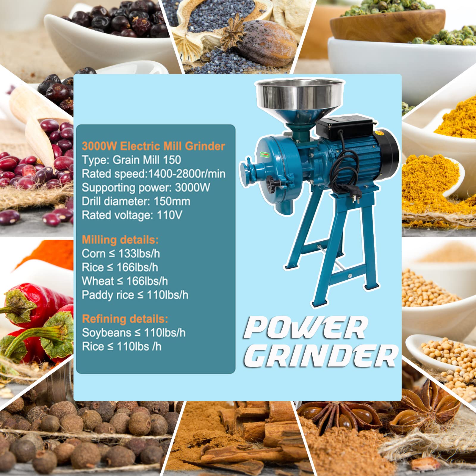 Commercial 3000W Electric Corn Mill Grinder - Heavy Duty Wet & Dry Grain Grinder for Corn, Wheat, Coffee, Cereals - 110V Feed Machine with Funnel - Perfect for Bakeries, Farms & Home Kitchen Use