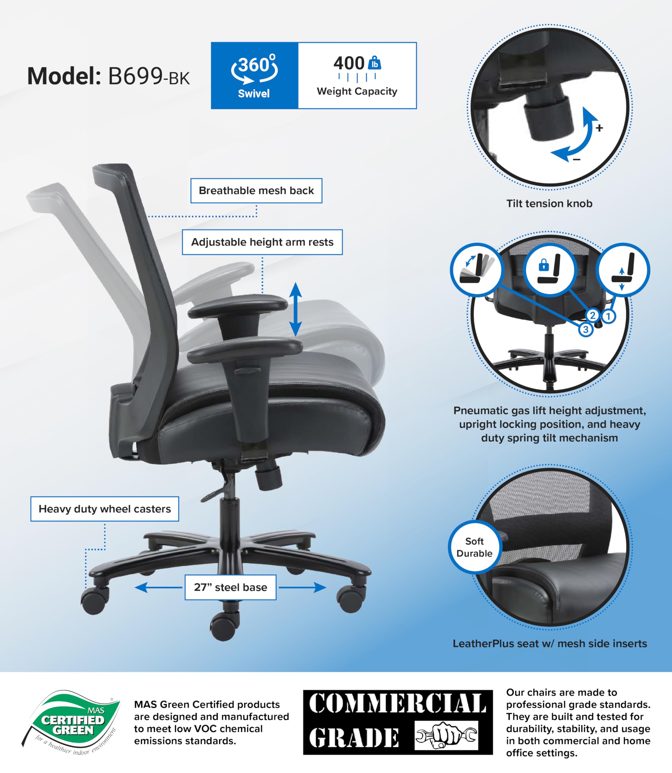Boss Office Products Big and Tall Mesh Task Chair - 400 lbs Weight Capacity, Ergonomic Office Chair with Adjustable Height & Lumbar Support (Black) - Perfect for Home Office, Gaming, and Executive Workspaces