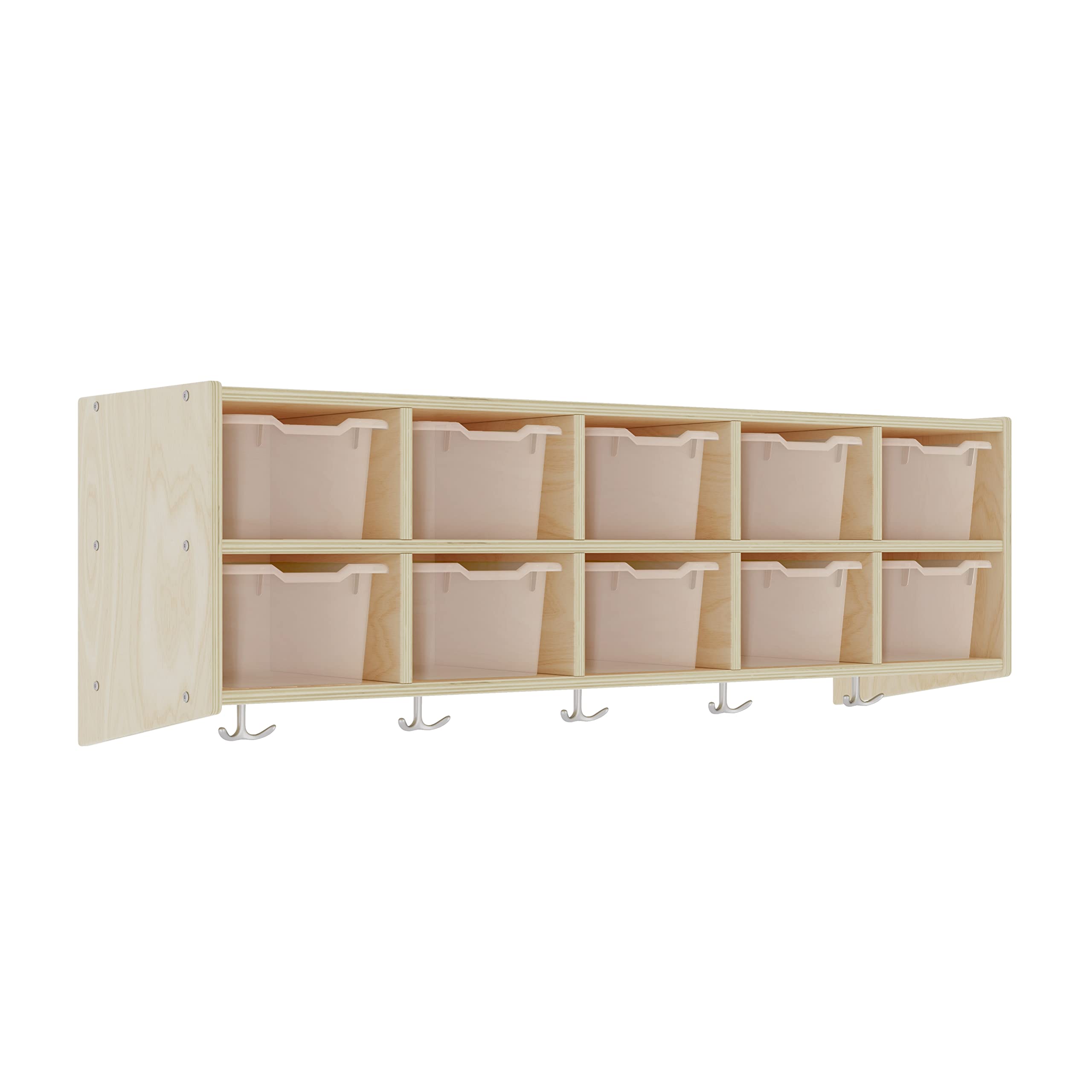 ECR4Kids Birch Streamline 10-Section Wall Mounted Coat Locker with Storage Bins - Space-Saving Kids Organizer with Hooks for Daycare, Classroom & Home Storage - Perfect for Coats, Backpacks & School Supplies