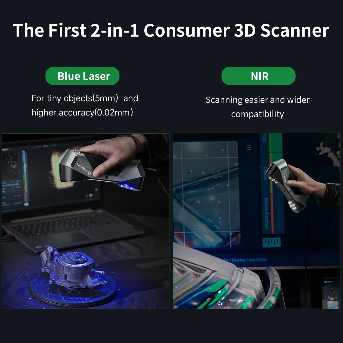 Creality Raptor 3D Scanner - High Precision 0.02mm Blue Light Handheld Scanner with Anti-Shake Tracking, 60FPS Scanning Speed for Objects 5-2000mm - Compatible with Windows & Mac - Perfect for Industrial Design, Reverse Engineering, and 3D Printing Projects