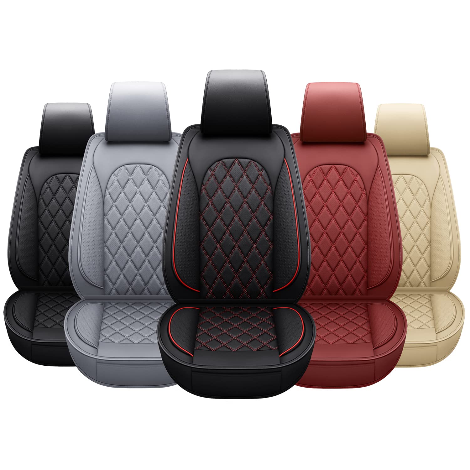 Premium Red Faux Leather Car Seat Covers - Universal Fit for Sedan, SUV & Trucks - Diamond Stitched Auto Interior Protector (Full Set) - Perfect for Daily Commute & Road Trips