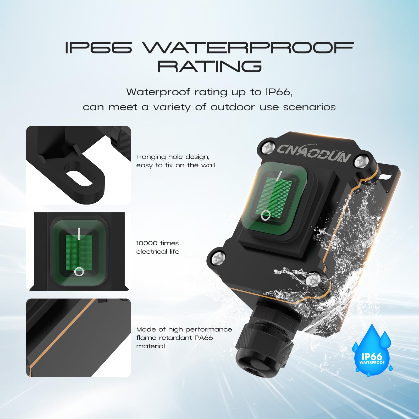 20A-125V 16A-250V AC Waterproof Rocker Switch with Green LED Light - DPST Toggle Power Switch for Outdoor Use - IP66 Rated for Marine, RV & Industrial Applications