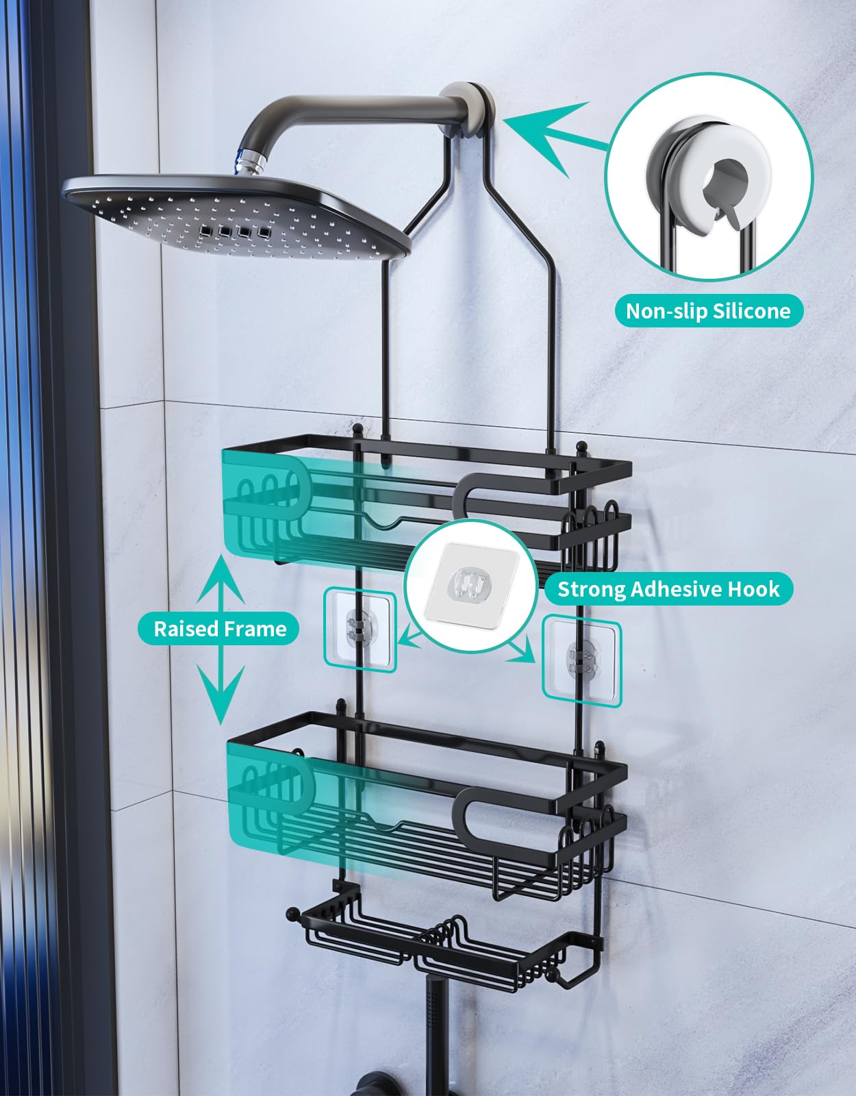 Rustproof Waterproof Hanging Shower Caddy - 12 Hooks & 2 Soap Holders No Drill Bathroom Organizer - Black | Space Saving Shower Storage for Small Bathrooms & Dorm Showers