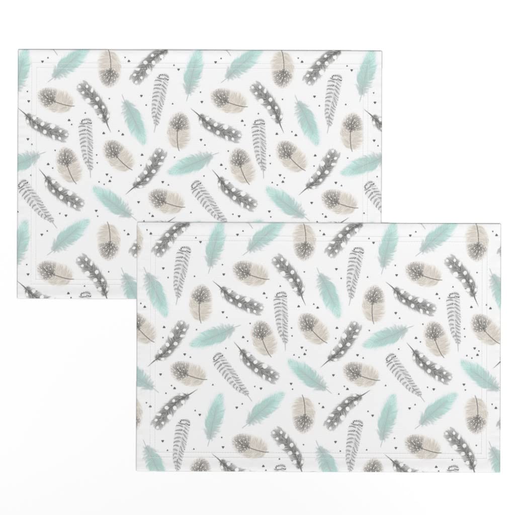 Bohemian Style Linen Cotton Canvas Placemats Set of 2 - Feather & Bird Teal Blue White Printed Table Mats for Dining, Kitchen Decor, and Boho Home Accessories