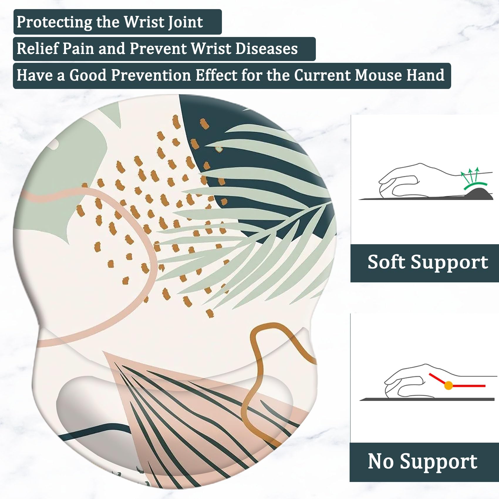 Ergonomic Mouse Pad with Wrist Support - Pain Relief Comfortable Non-Slip PU Base Computer Mouse Pad for Office, Gaming & Studying - Abstract Plants Design for Home & Work Desk Setup
