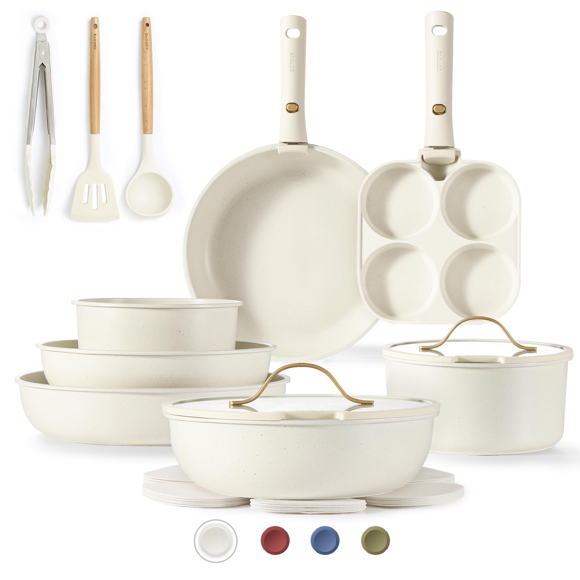 CAROTE 19-Piece Nonstick Cookware Set with Detachable Handles, Oven & RV Safe, Cream White - Perfect for Home Cooking, Camping & Small Spaces