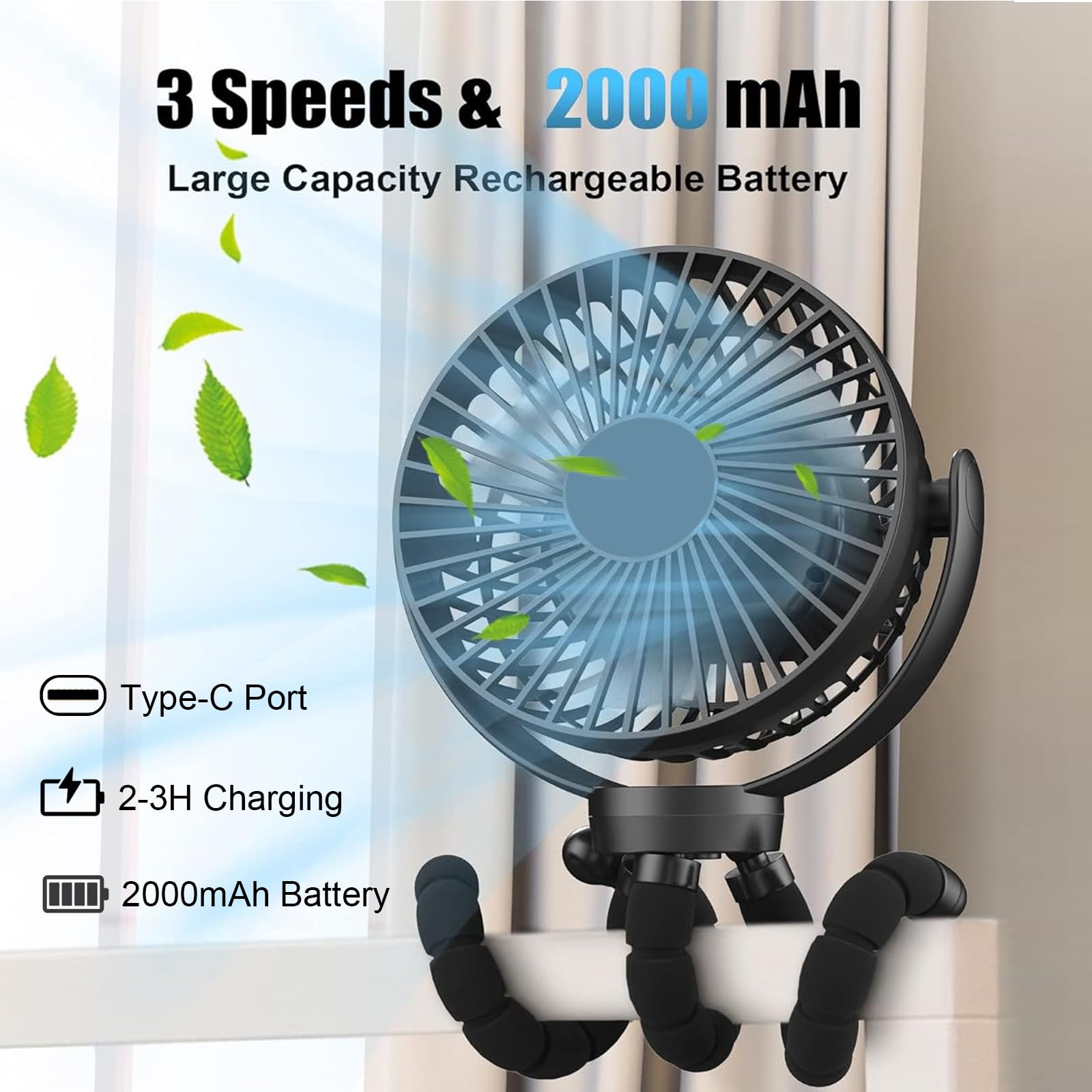 Meibolin Rechargeable Stroller Fan for Baby - Portable 3-Speed Handheld Fan with Flexible Tripod, Ideal for Strollers, Cars, Seats, Cribs, Bikes & Treadmills | Perfect for Outdoor Activities, Travel & Nursery Comfort