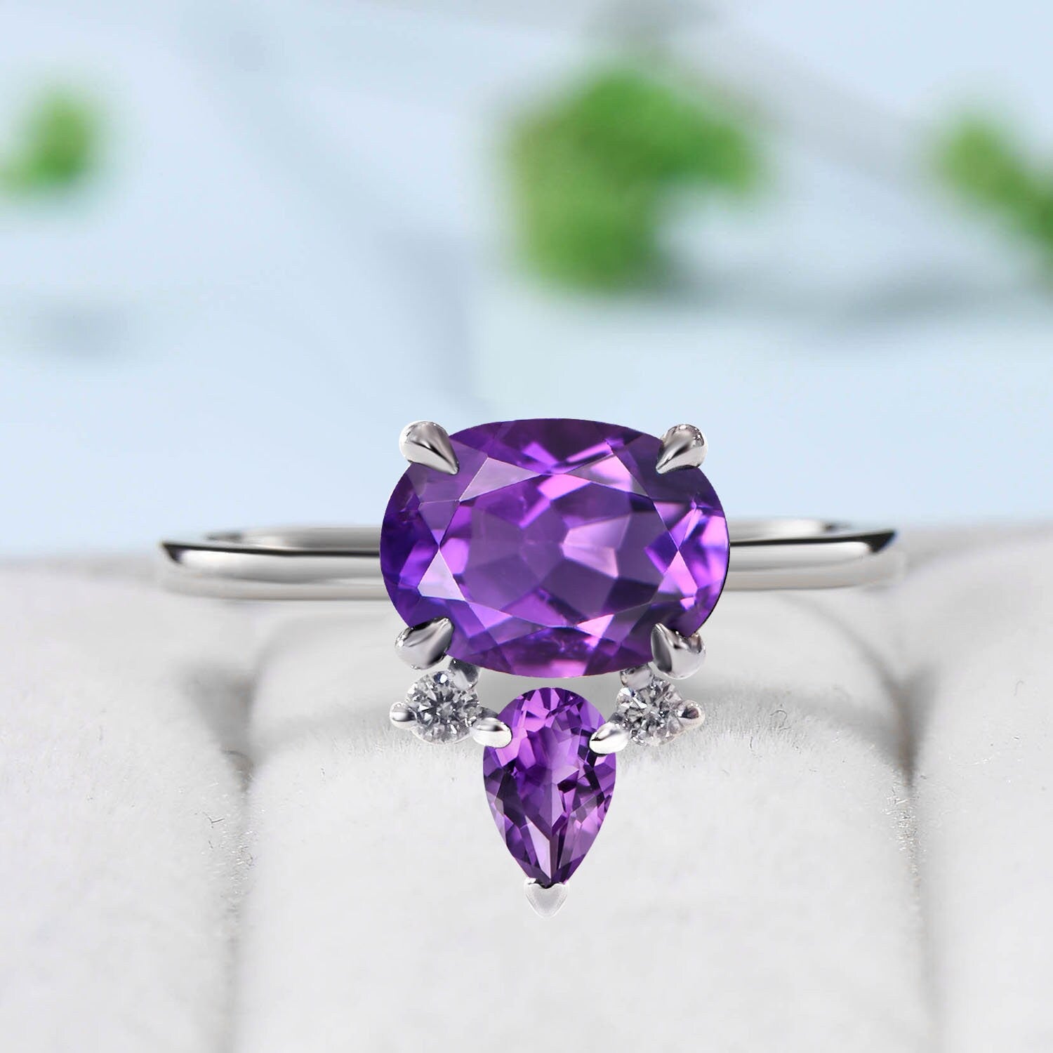 1.5CT Natural Amethyst Engagement Ring - East West Set Purple Crystal Wedding Band, Pear Cut February Birthstone Anniversary Jewelry, Minimalist Stackable Ring for Women - Perfect for Valentine's Day, Proposals & Special Occasions
