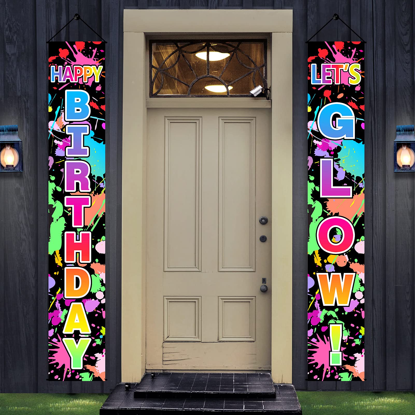 Glow in the Dark Neon Birthday Party Decorations - Happy Birthday Door Banner & Photography Backdrop - Perfect for Glow Themed Parties, Nighttime Celebrations, and Porch Photo Shoots