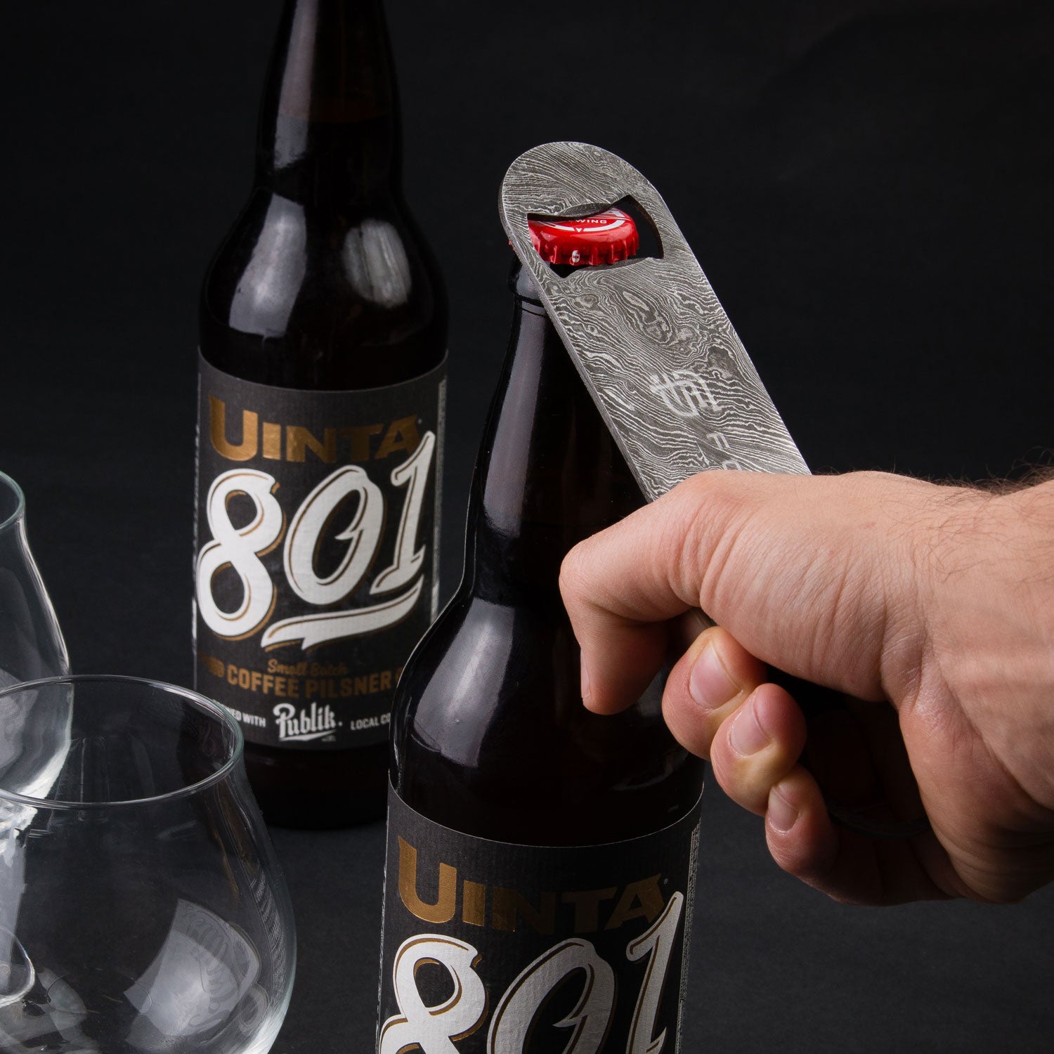Premium Damascus Steel Bottle Opener - Rustproof & Durable Church Key Style for Beer, Soda & Bottles - Perfect for Home Bars, Camping & Outdoor Adventures