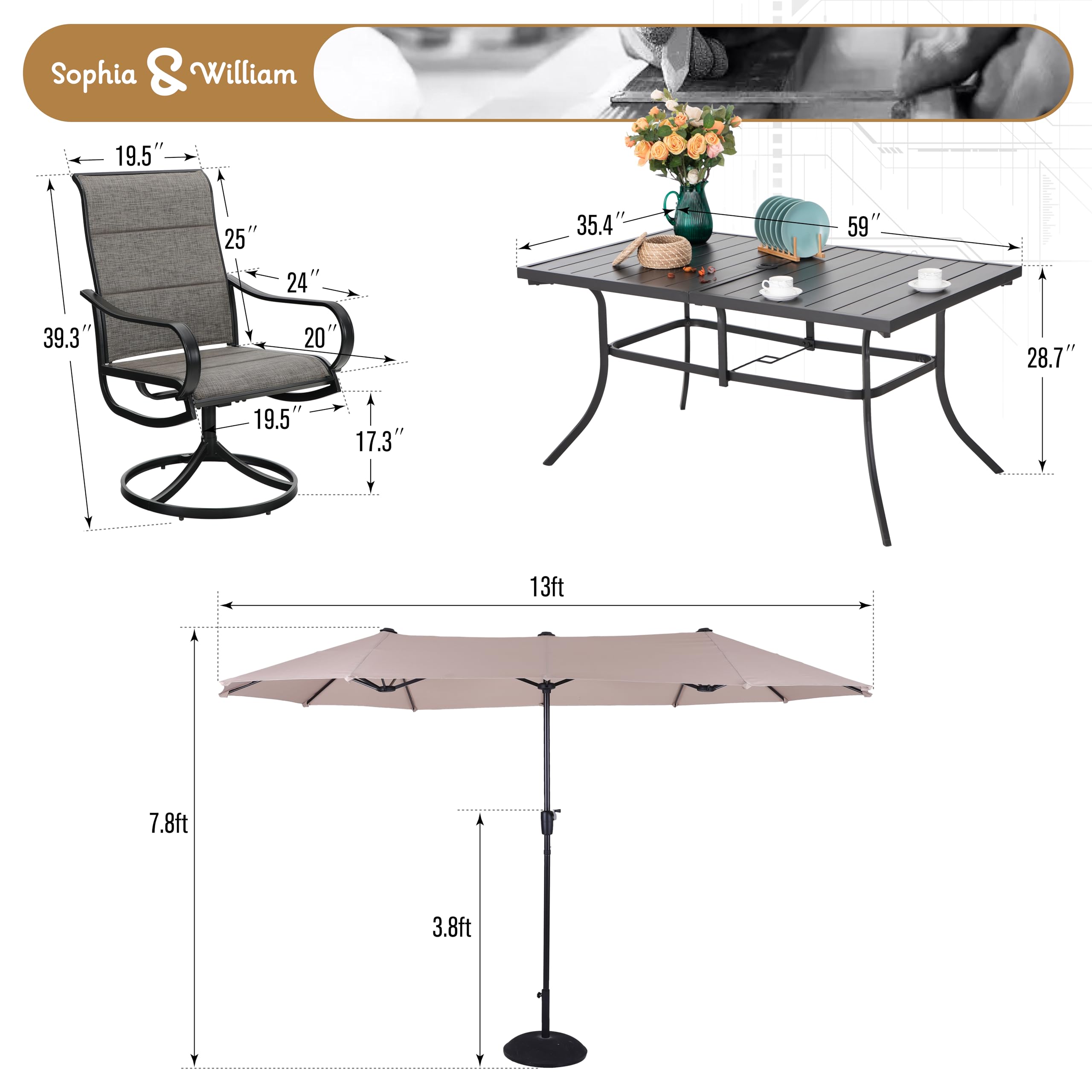 Sophia & William 8-Piece Outdoor Patio Dining Set for 6 with Swivel Chairs & 13ft Double-Sided Umbrella - Quick-Dry Textilene & Metal Table - Perfect for Garden, Backyard, Poolside & Outdoor Entertaining