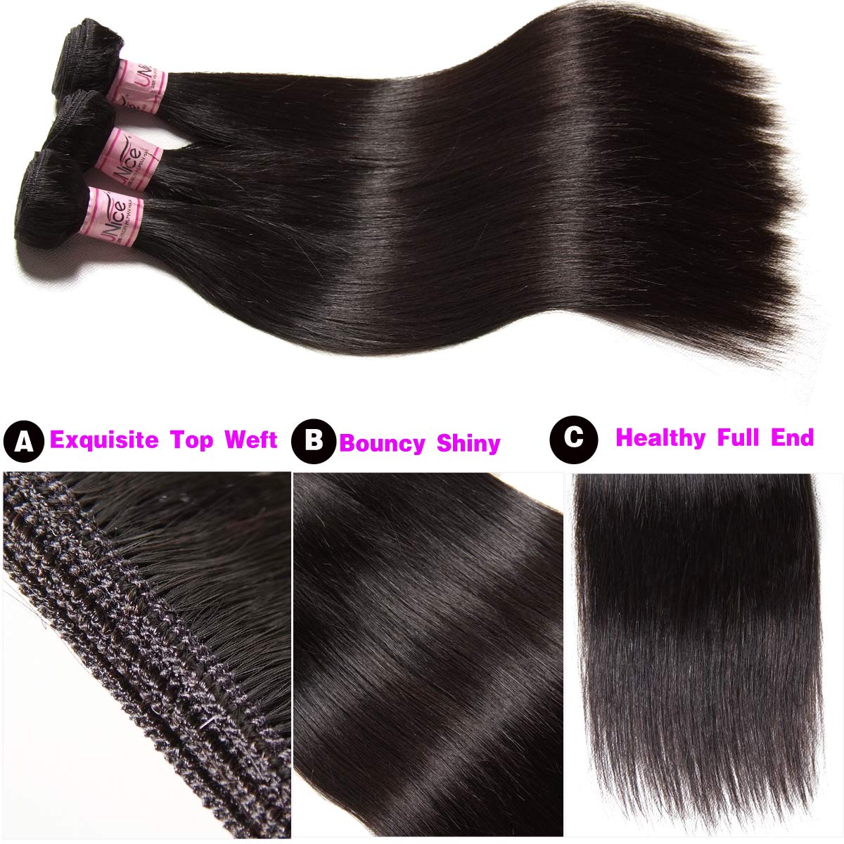 UNICE 10A Malaysian Straight Virgin Human Hair Weaves - 3 Bundles Unprocessed Hair Extensions (20/22/24 Inch) for Natural Look & Styling | Perfect for Daily Wear, Parties & Special Occasions