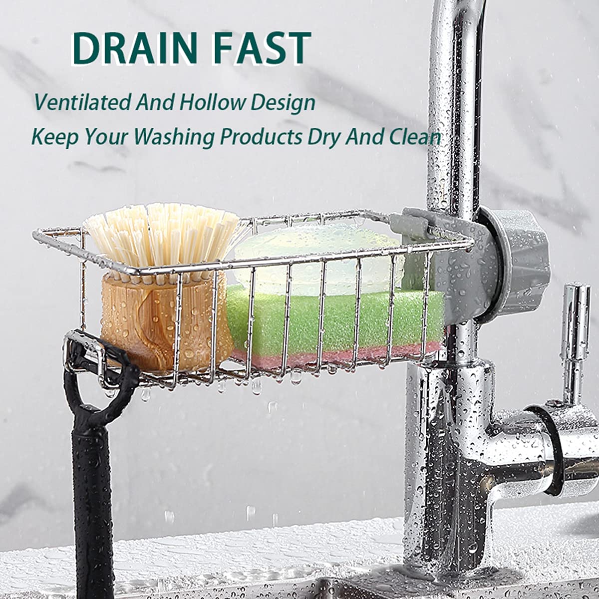 Stainless Steel Kitchen Sink Organizer - Sponge, Soap & Brush Holder with Drainer Rack | Hanging Faucet Caddy for Bathroom & Shower Storage | Perfect for Organizing Sponges, Towels, Shampoo Bottles & Cleaning Supplies