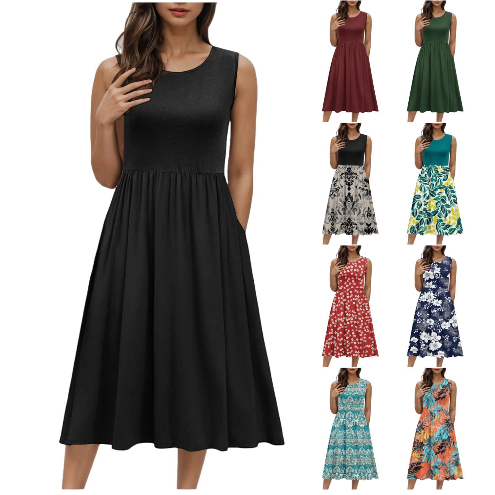 2025 Women's Boho Floral Sleeveless Midi Dress - Spring Summer Casual Tie Waist Pleated Flowy Dress with Pockets | Perfect for Beach Vacations, Date Nights & Outdoor Parties