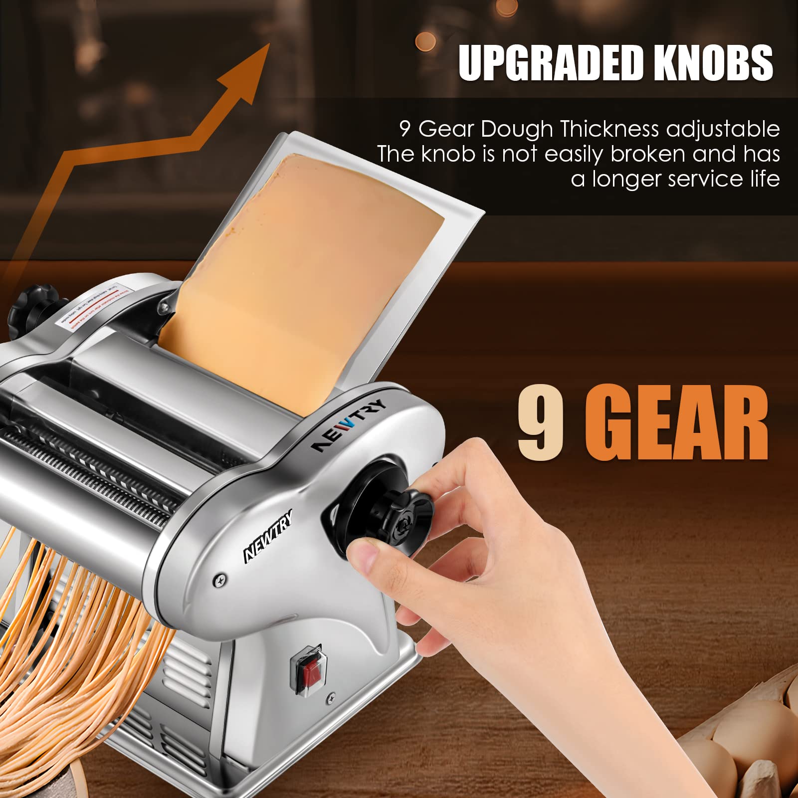 NEWTRY Electric Pasta Maker Machine - Stainless Steel Dough Roller & Cutter with Adjustable Thickness | 110V US Plug | 2 Blades Included | Perfect for Homemade Pasta, Noodles & Dough | Ideal for Family Cooking, Italian Cuisine & Restaurant Use