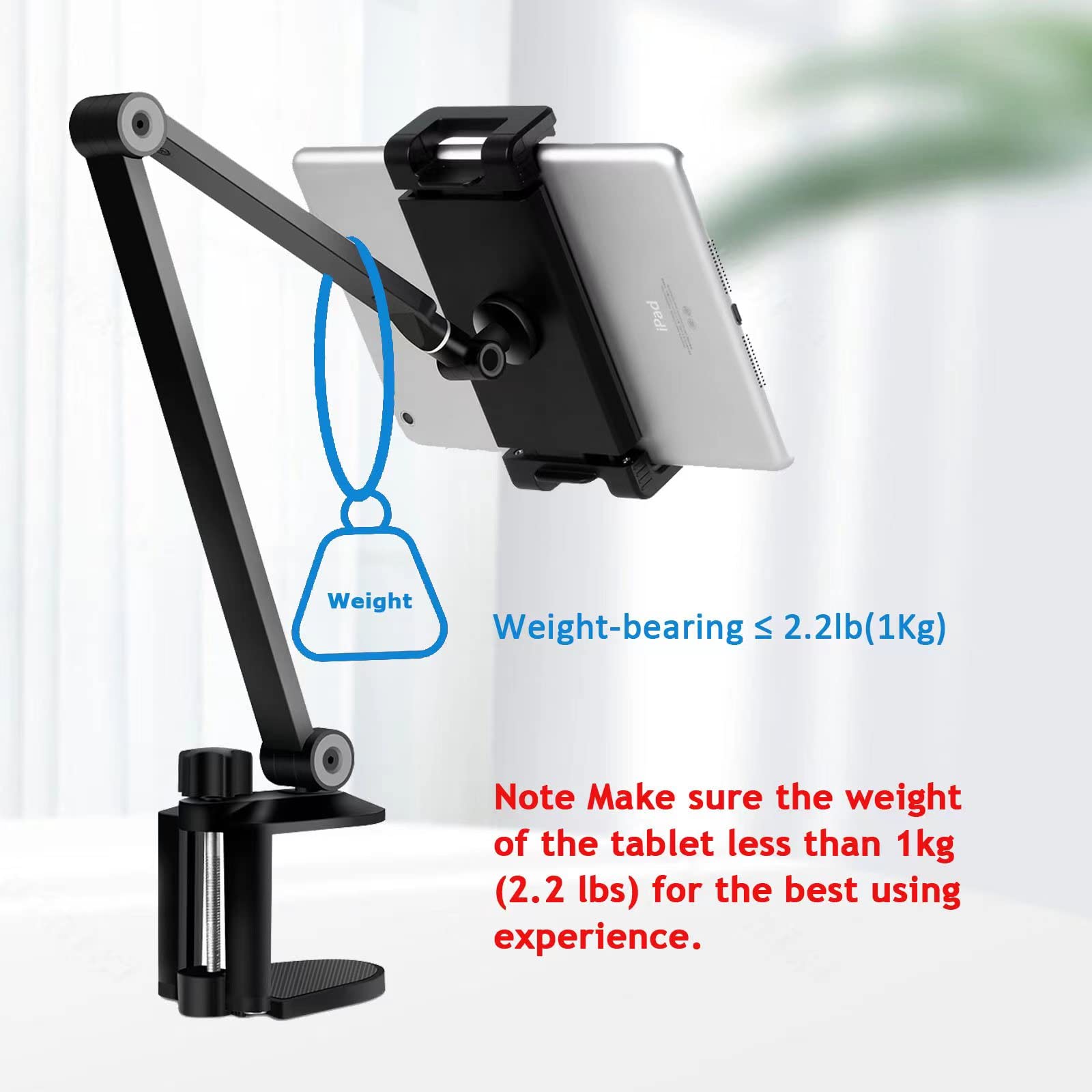 NueZoo Adjustable Aluminum iPad Stand Holder - 360° Swivel Long Arm Tablet Clamp Mount for Desk & Bed - Compatible with 4.5-13 inch Phones & Tablets (Black) - Perfect for Office Work, Reading, Watching Videos & Hands-Free Video Calls