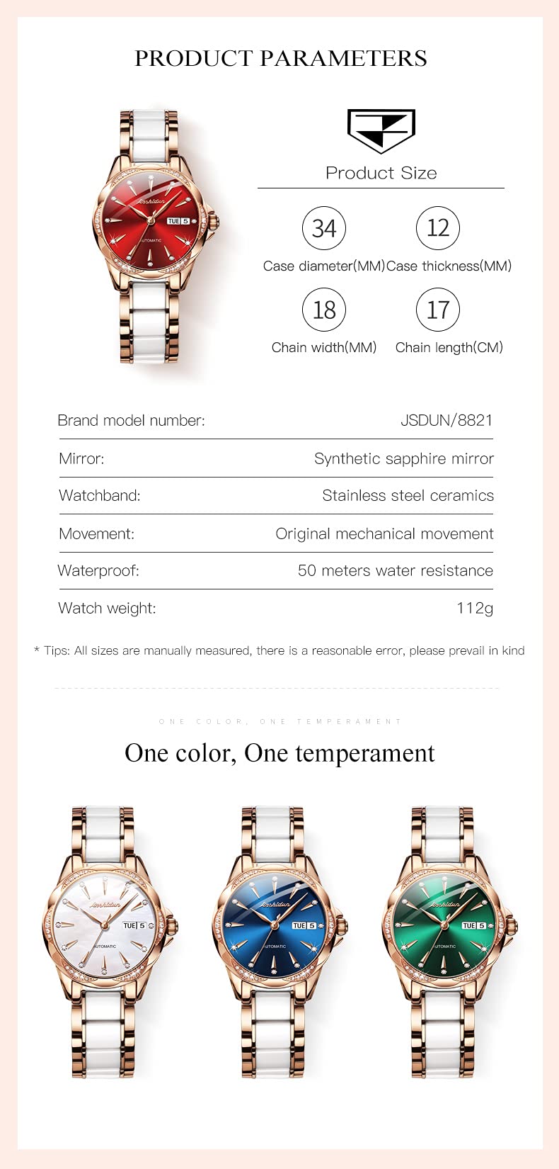 **Elegant Automatic Green Stainless Steel Women's Watch with Ceramic Bracelet – Self-Winding Mechanical Watch with Day/Date Display, Waterproof & Diamond Accents – Perfect for Office, Party & Everyday Wear**