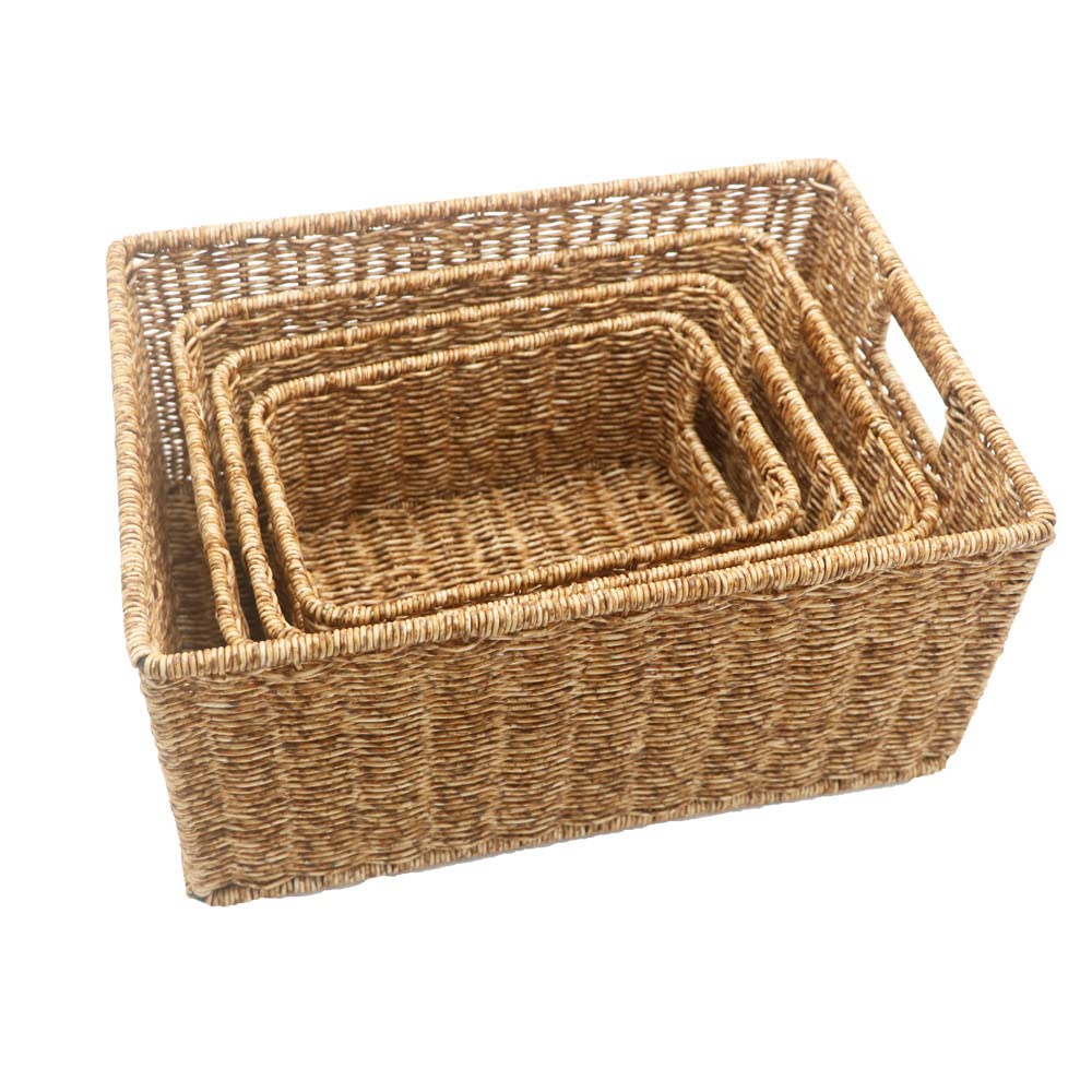 4-Piece Wicker Rattan Storage Basket Set - Multifunctional Woven Nesting Bins with Handles for Home Organization (Perfect for Bathroom, Bedroom, Laundry & Closet Storage)