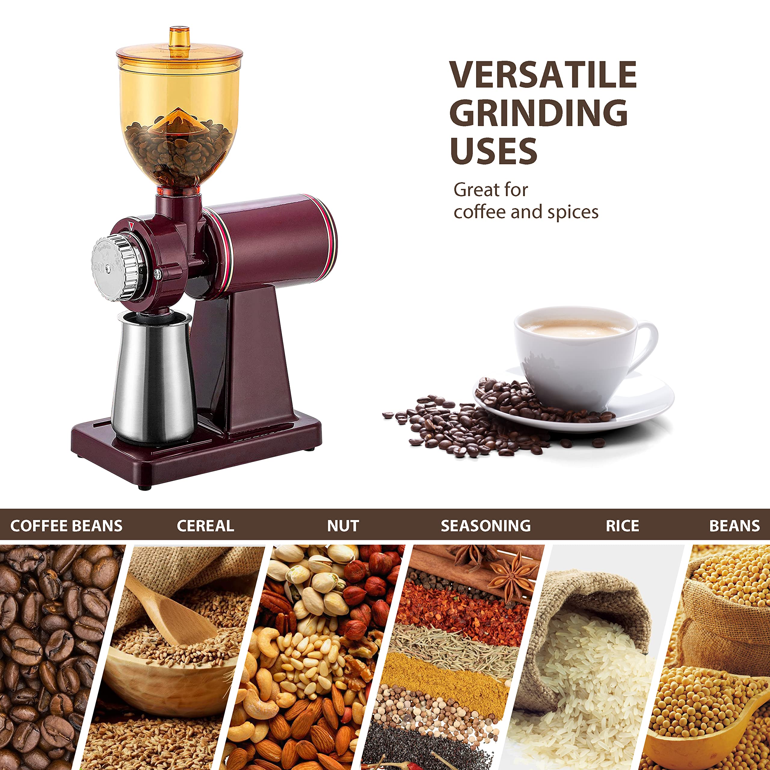 Upgraded RRH Electric Burr Coffee Grinder - Professional Automatic Coffee Bean Mill with 250g Stainless Steel Hopper, 110V (Red) - Perfect for Home, Office & Coffee Shops