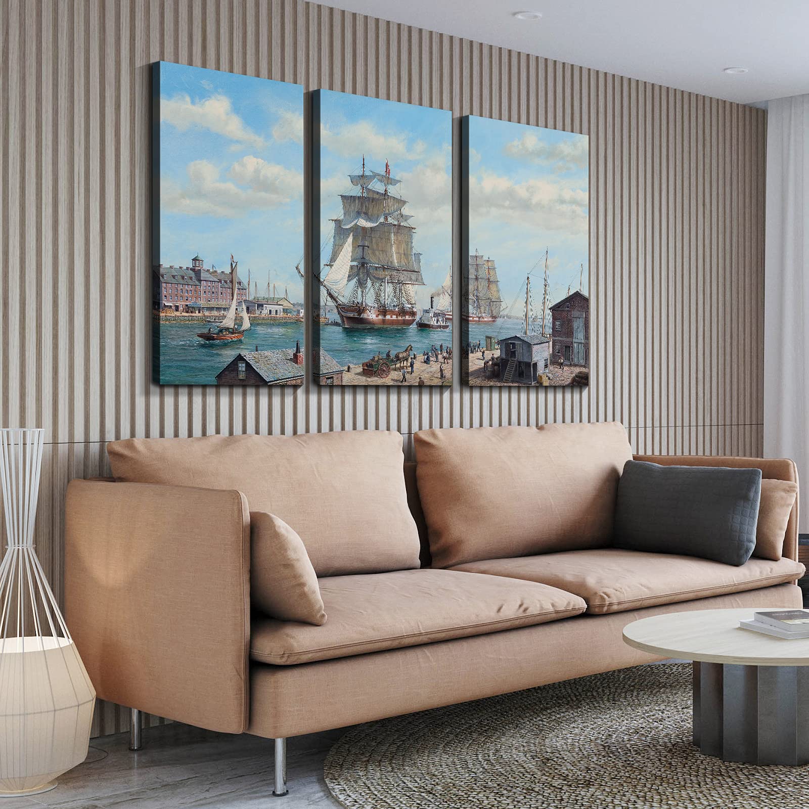 Denozer 3 Panel Canvas Wall Art - Modern Nordic Style Sailboat Ocean Landscape Painting - Ready to Hang Home Decor (24
