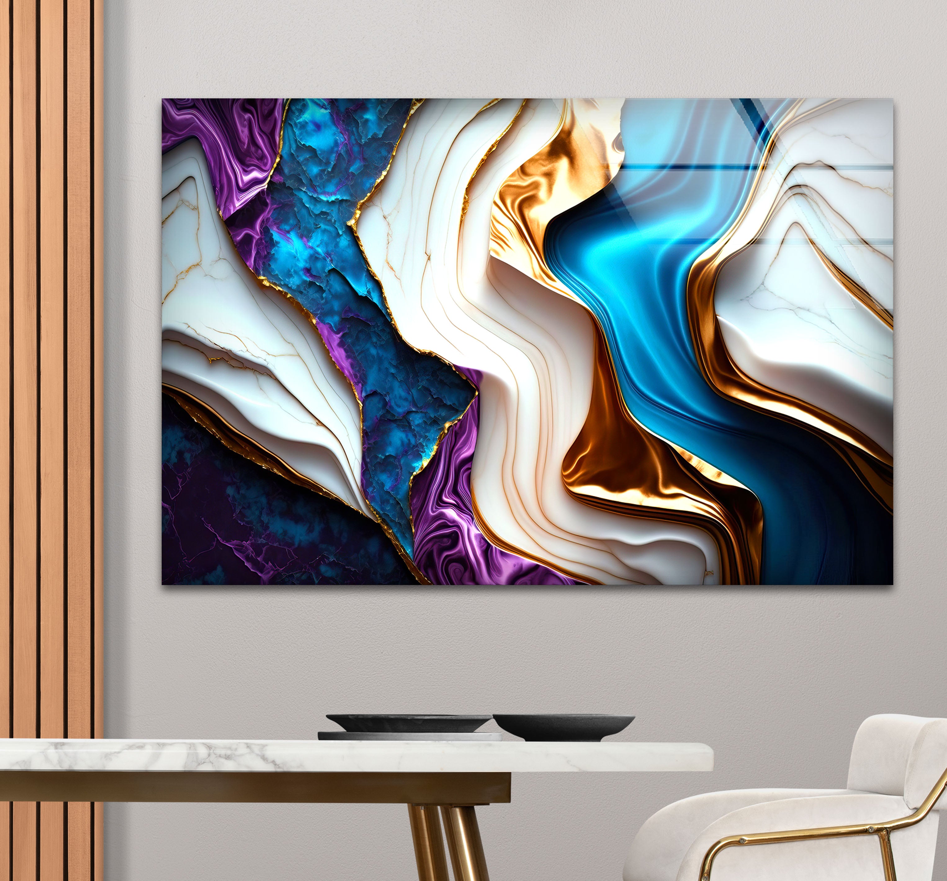 Abstract Marble Wall Art Print - Blue, Purple & Gold Glass Design for Modern Home Decor | Perfect for Living Room, Bedroom or Office