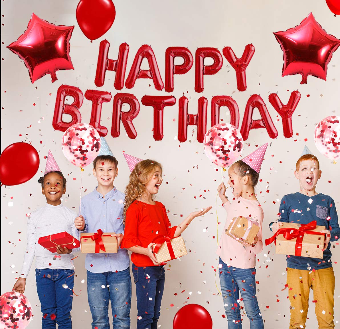 16 Inch Happy Birthday Balloons Decorations Set - 13 Letter Balloons, 2 Giant Star Foil Balloons, 4 Confetti Balloons, 6 Latex Balloons (Red) | Party Decor, Birthday Celebration, Baby Shower, Anniversary, Graduation, Wedding Backdrop
