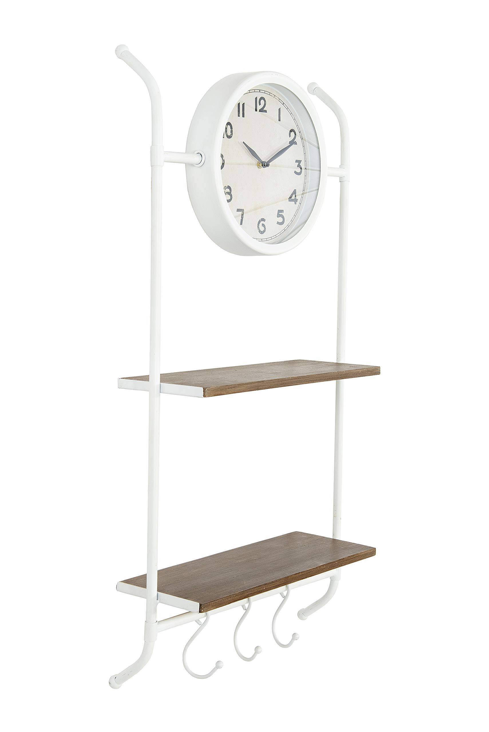 Creative Co-Op 2 Shelves & 3 Hooks Wall Clock in White - Stylish Functional Decor for Living Room, Bedroom, or Office Organization