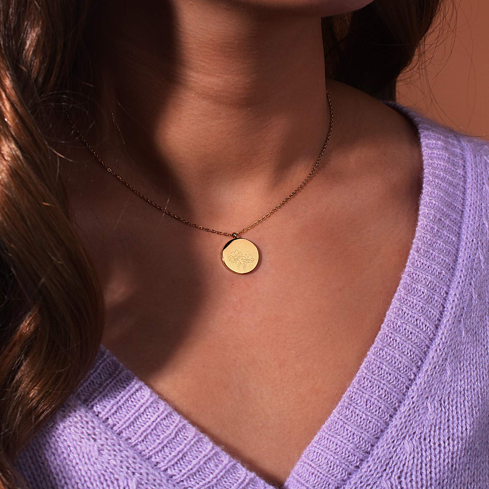 Birth Month Flower Necklace for Women - Dainty Gold Coin Pendant with Engraved Floral Design - Stainless Steel Jewelry Gift for Her - Perfect for Birthdays, Anniversaries & Special Occasions